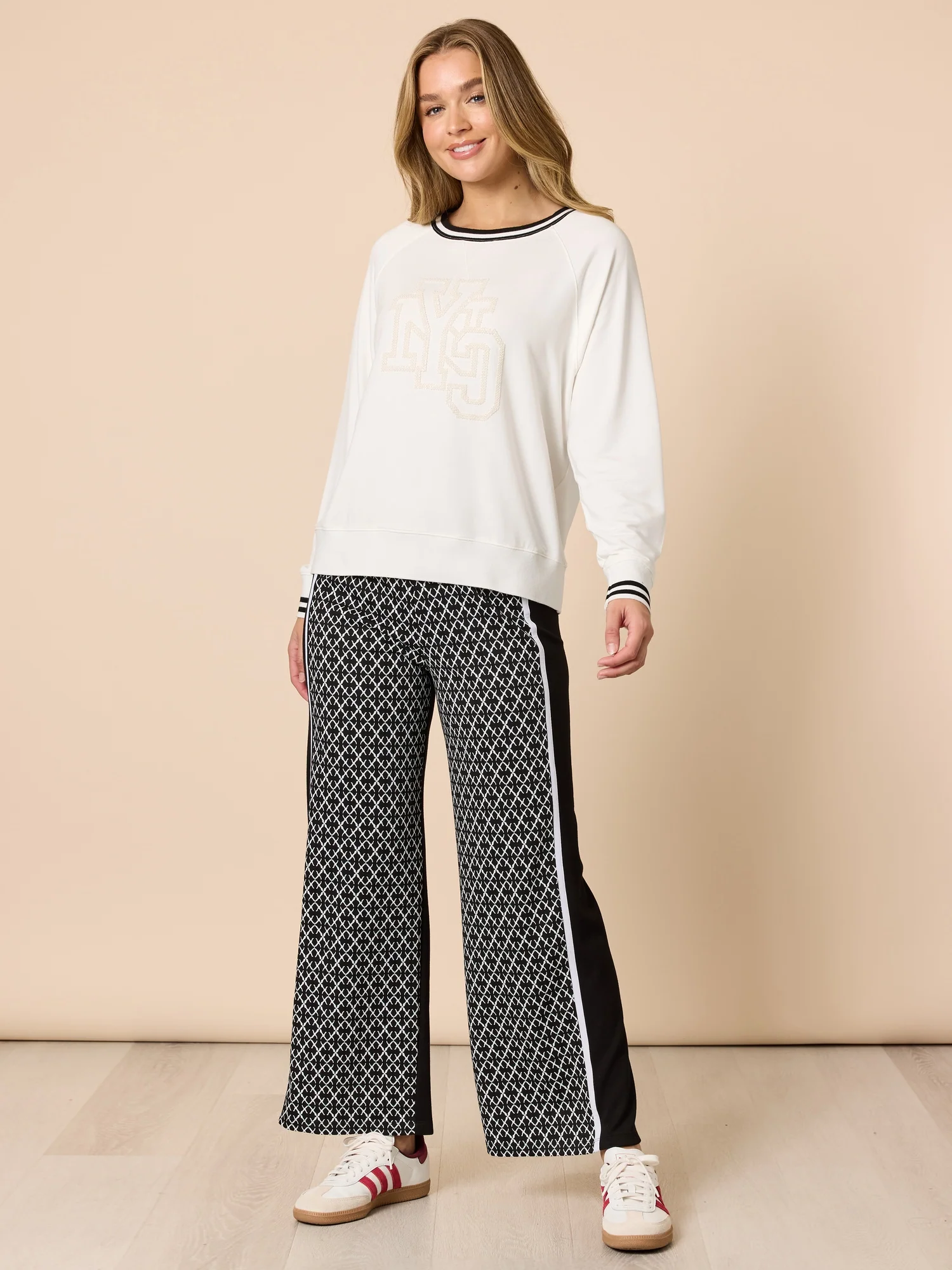 Empire Spliced Print Wide Leg Pant - Black/Ivory - Image 6