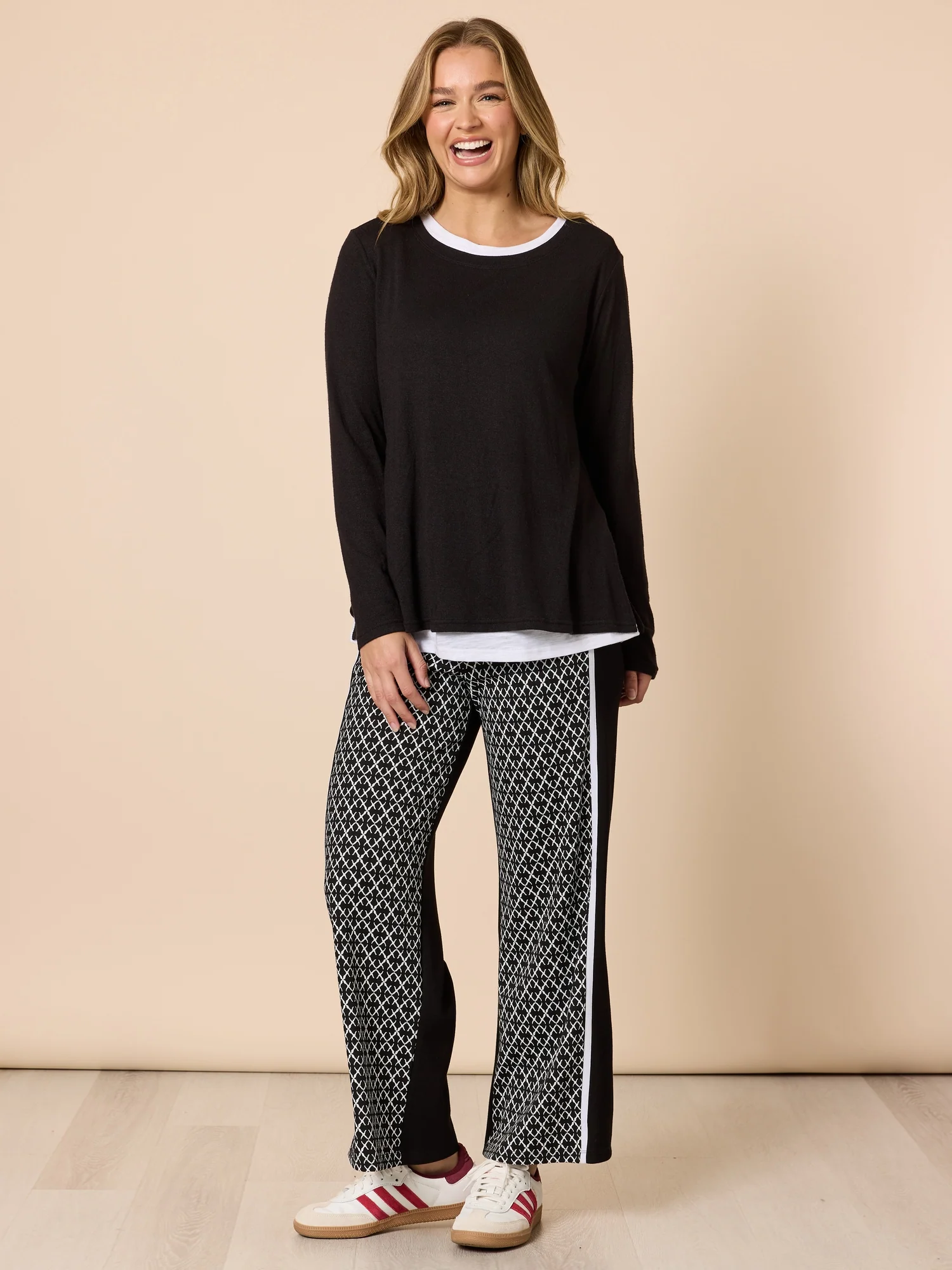 Empire Spliced Print Wide Leg Pant - Black/Ivory - Image 7