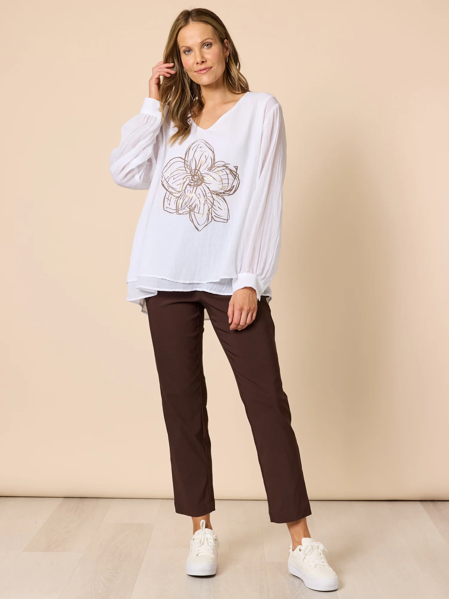 Fleur Floral Print Top - White/Gold - Image 2