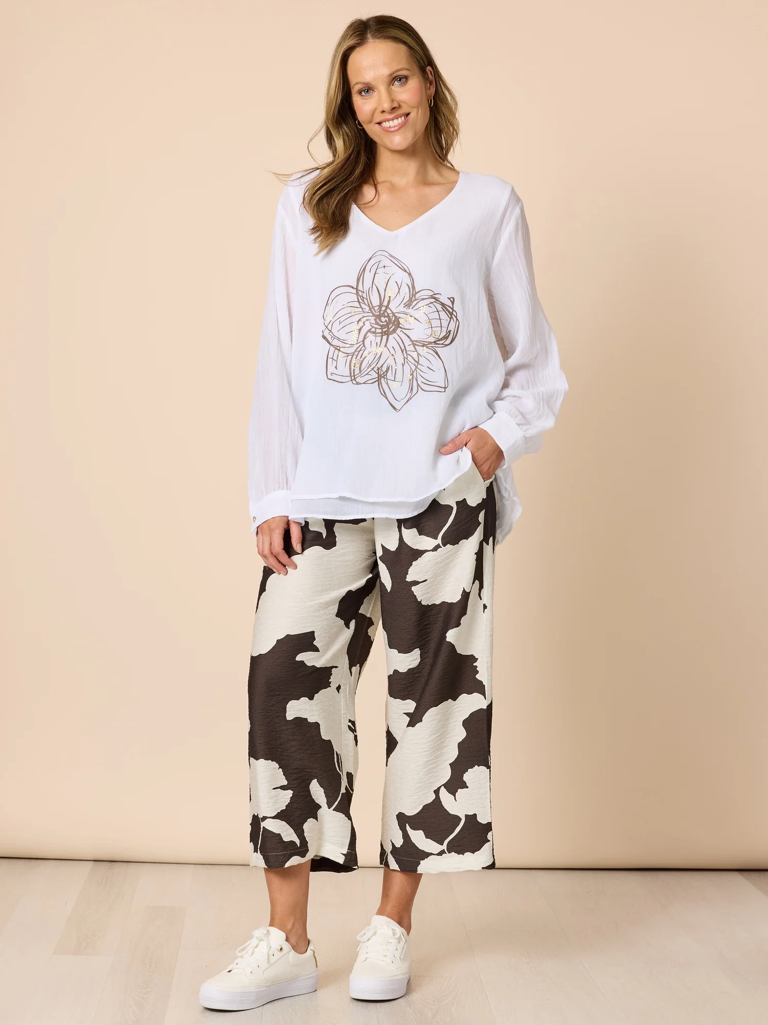 Fleur Floral Print Top - White/Gold - Image 6