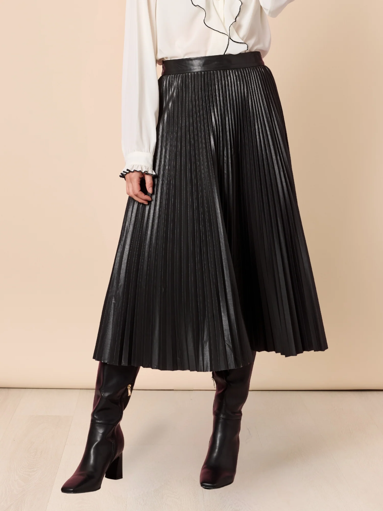 Florence Faux Leather Pleat Skirt - Black