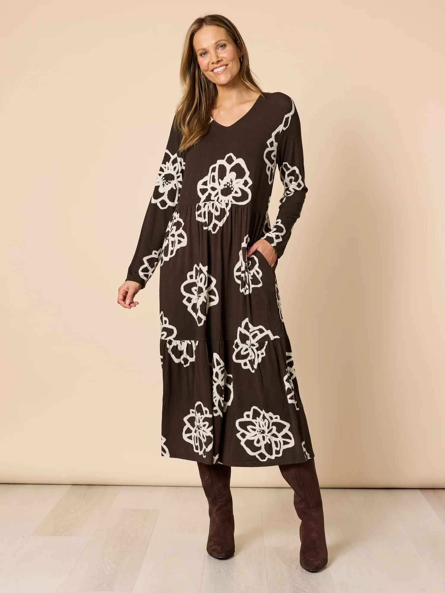Florentine Floral Print Dress - Coffee Ivory