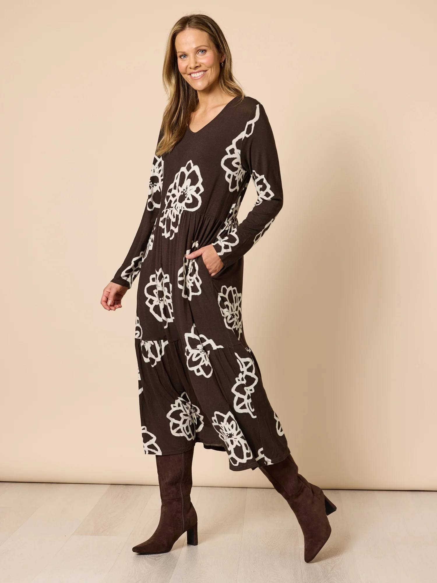 Florentine Floral Print Dress - Coffee Ivory - Image 4