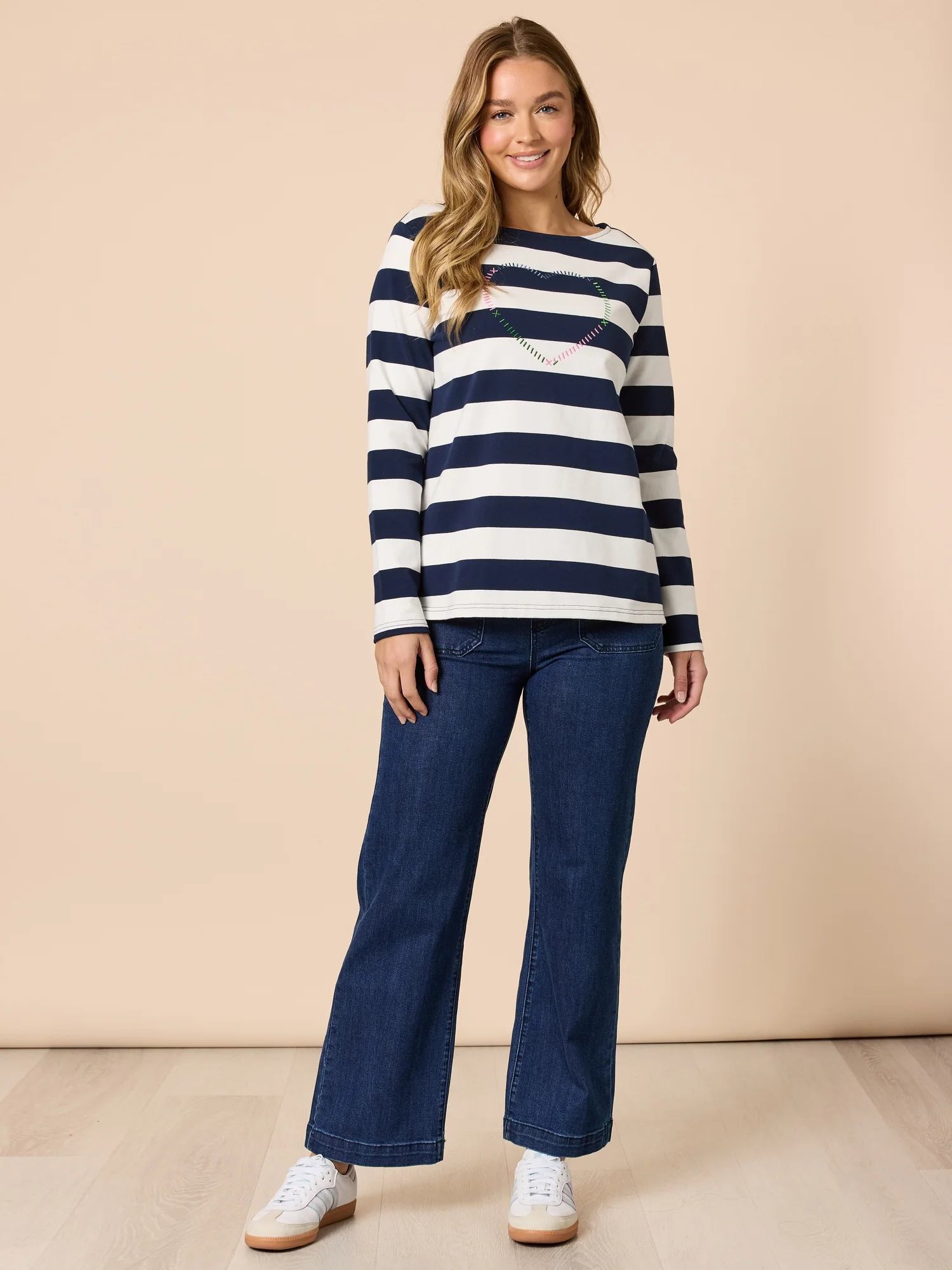 From The Heart Embroidered Stripe Print Tee - Navy/Ivory - Image 2