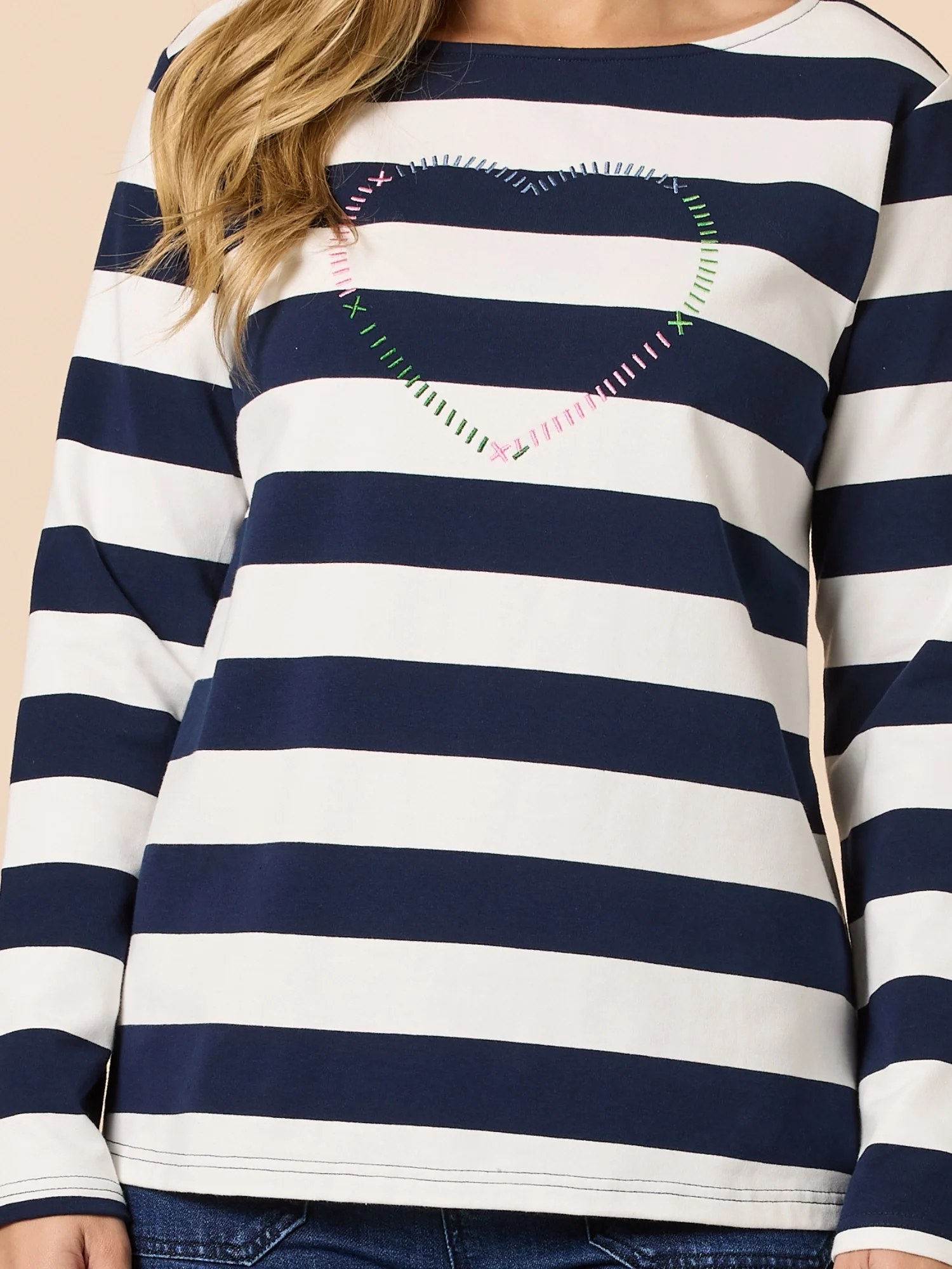 From The Heart Embroidered Stripe Print Tee - Navy/Ivory - Image 3