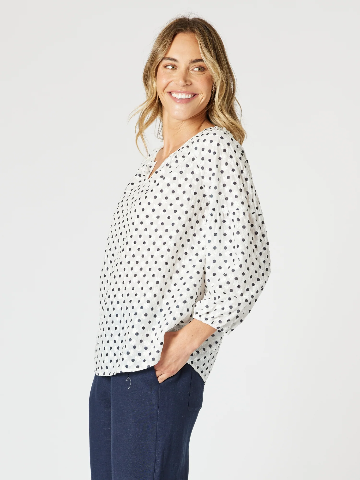 Get Dotty Embroidered Top - Navy/White - Image 4