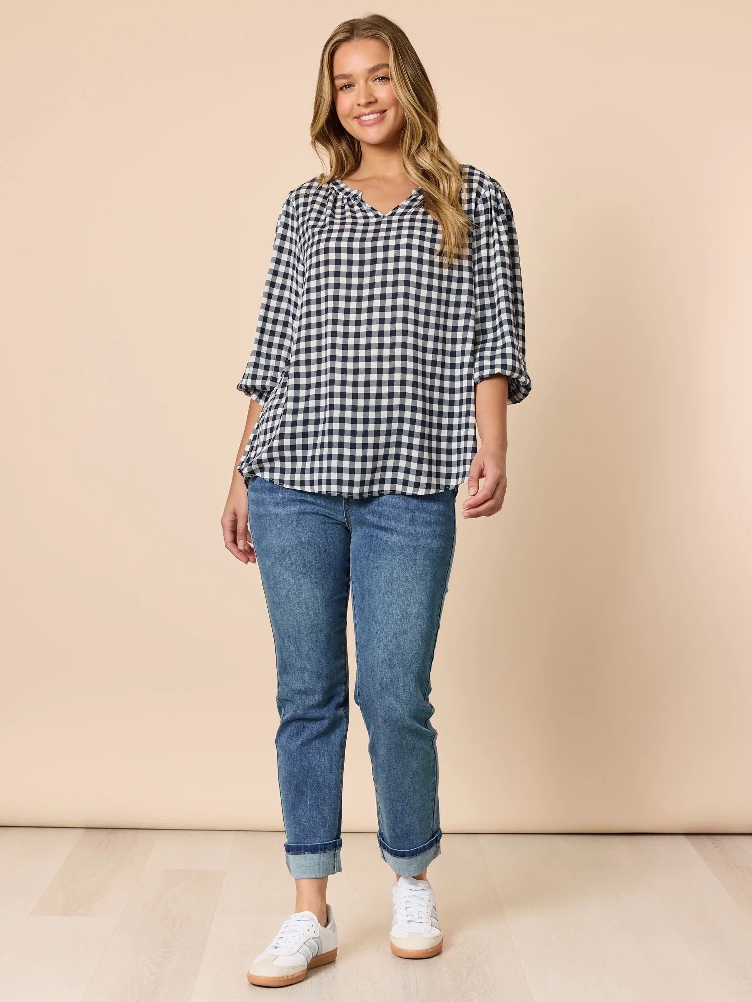 Gingham Check Print Top - Navy/Ivory - Image 2