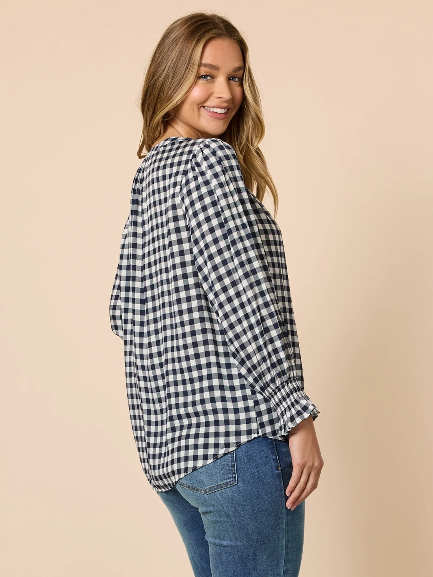Gingham Check Print Top - Navy/Ivory - Image 3