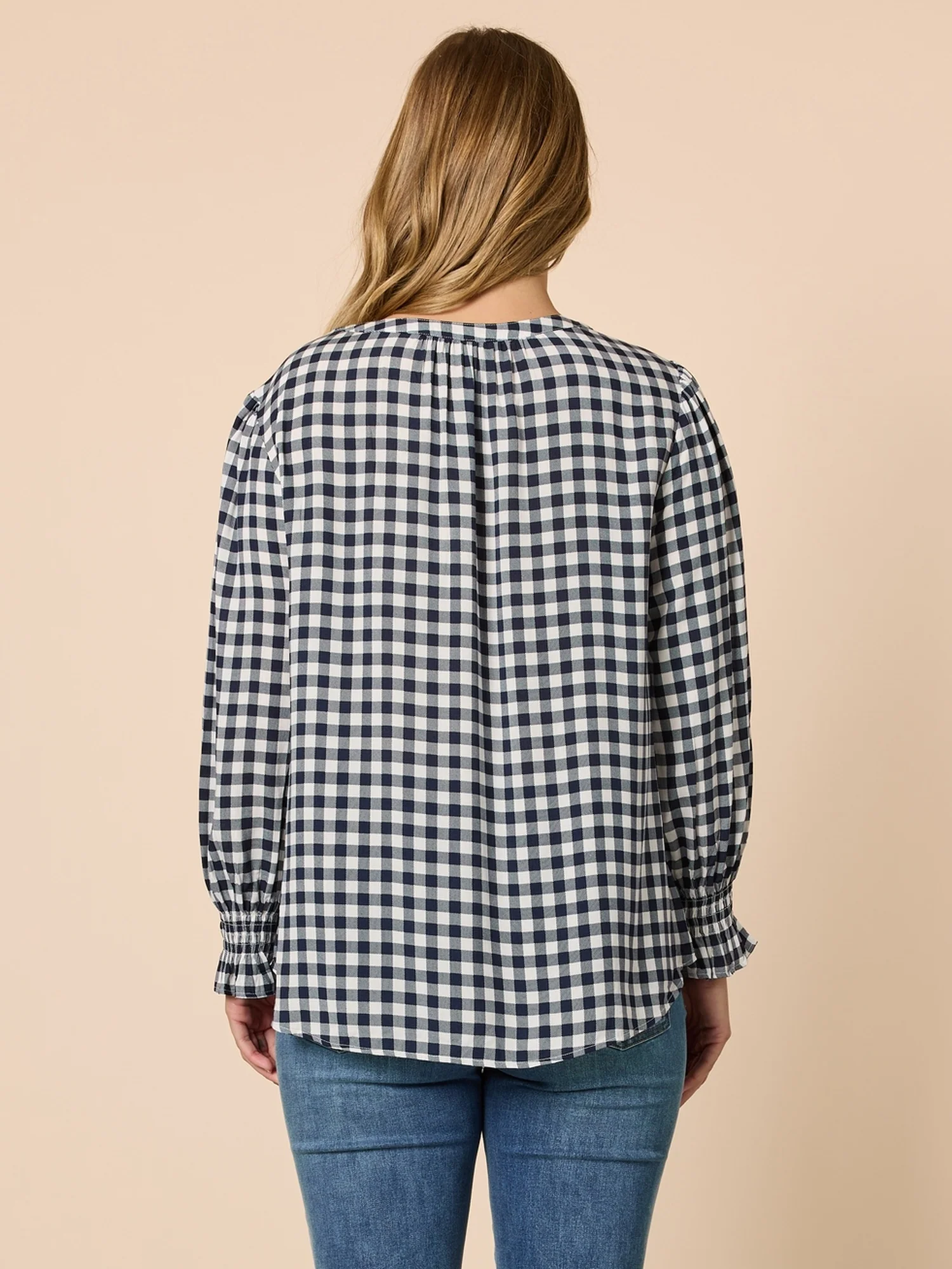 Gingham Check Print Top - Navy/Ivory - Image 4