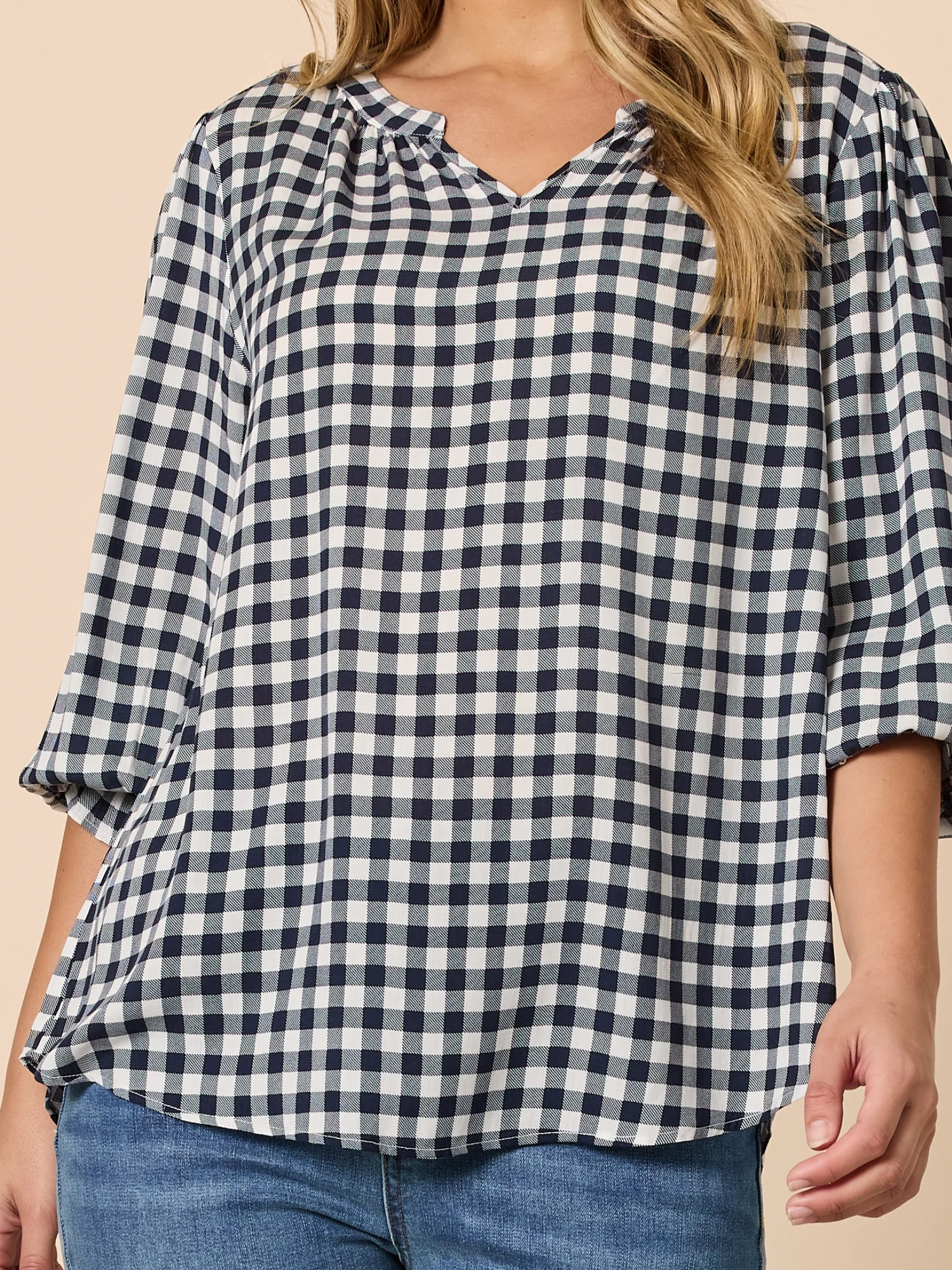 Gingham Check Print Top - Navy/Ivory - Image 5