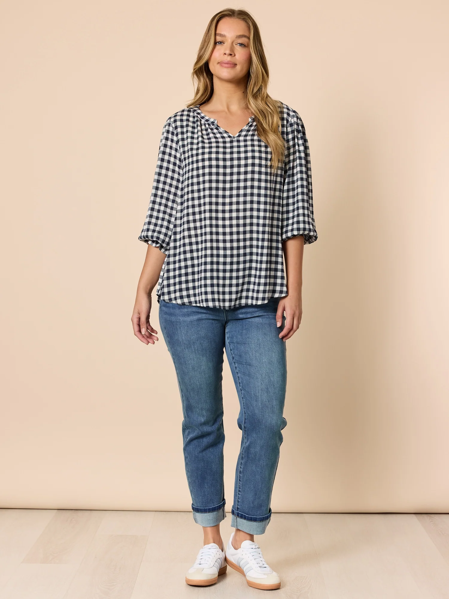 Gingham Check Print Top - Navy/Ivory - Image 6