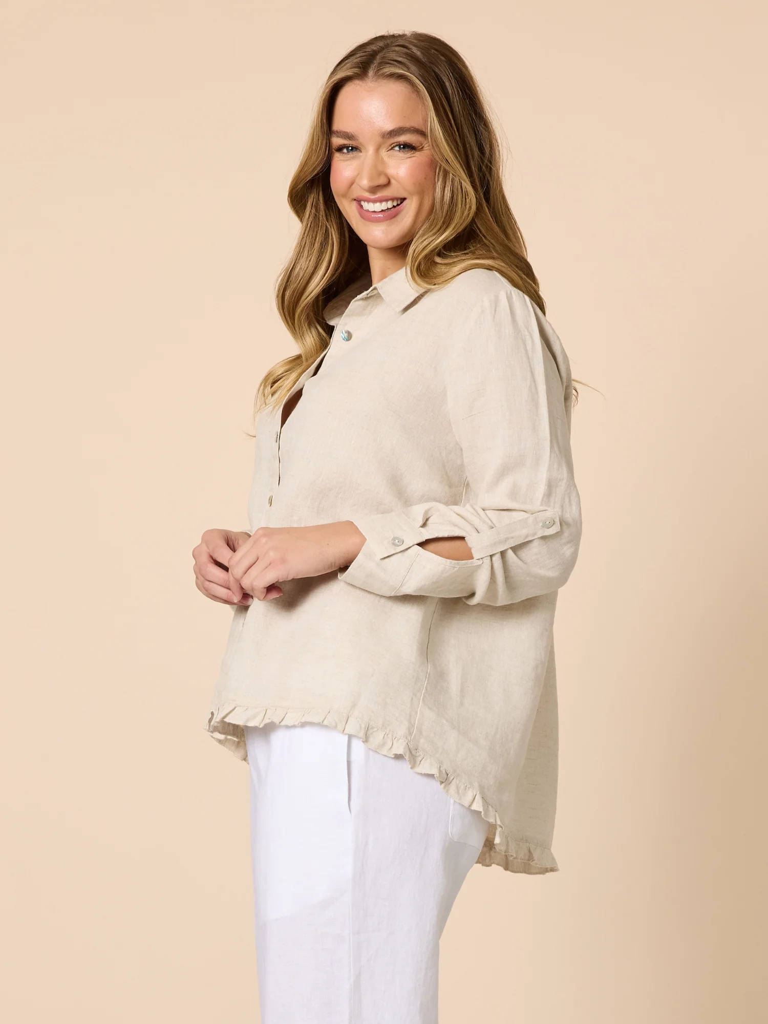 Ruffle Hem Linen Shirt - Natural - Image 9