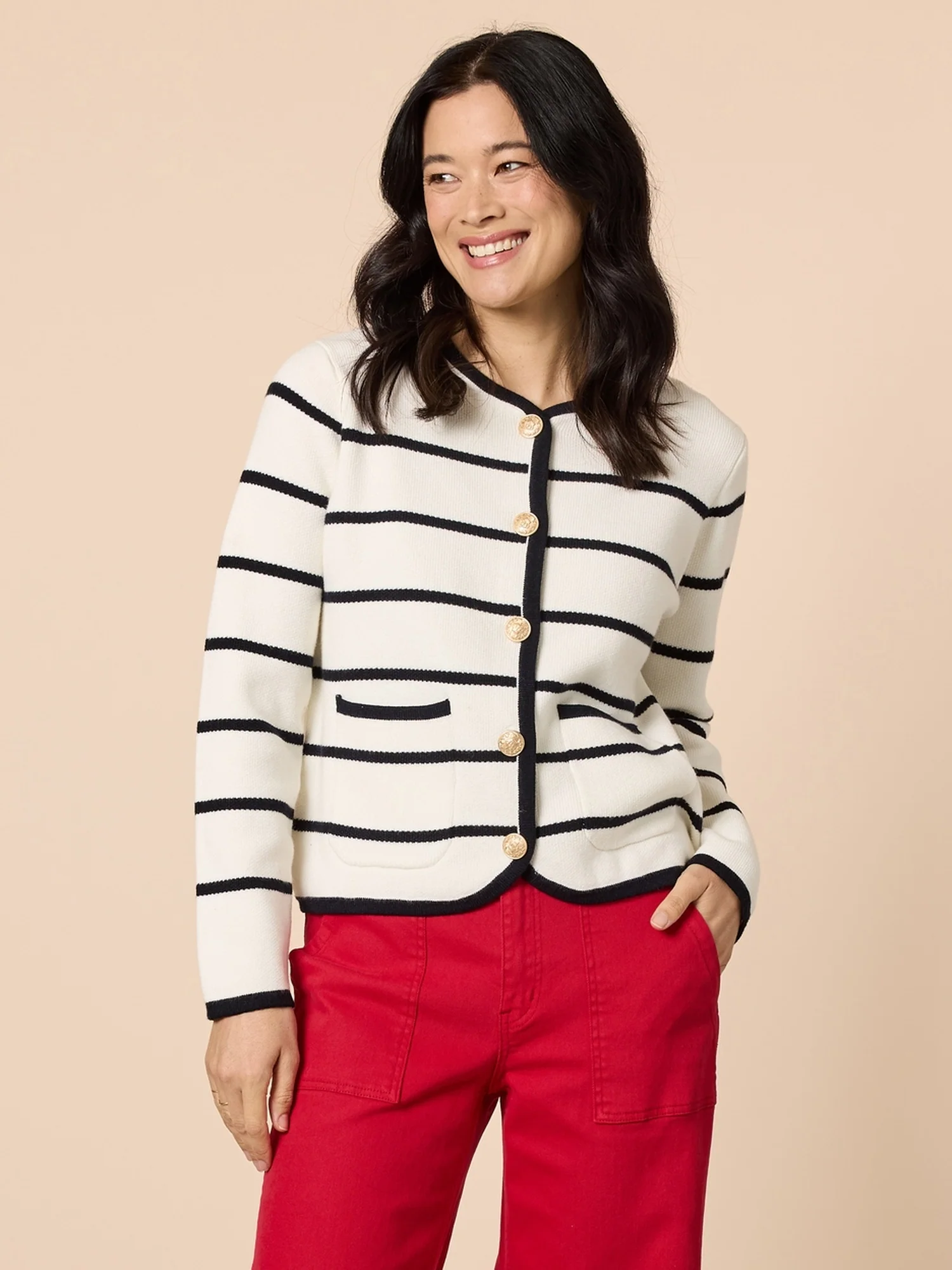 Hampton Stripe Print Cardigan - Ivory/Navy