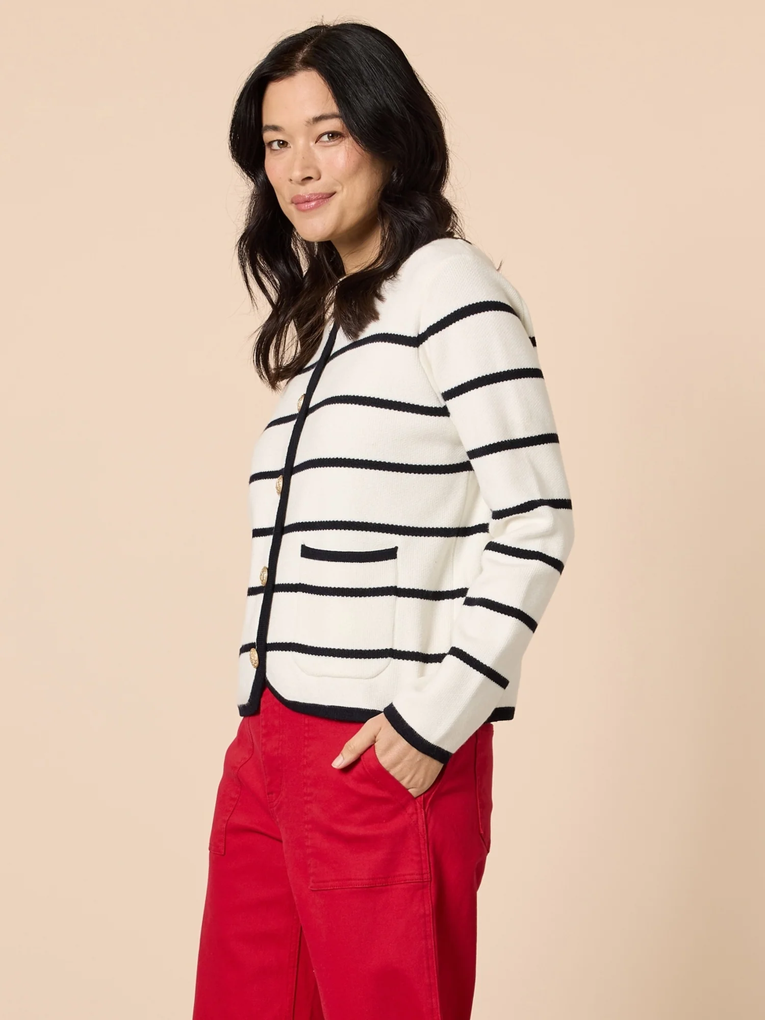 Hampton Stripe Print Cardigan - Ivory/Navy - Image 3