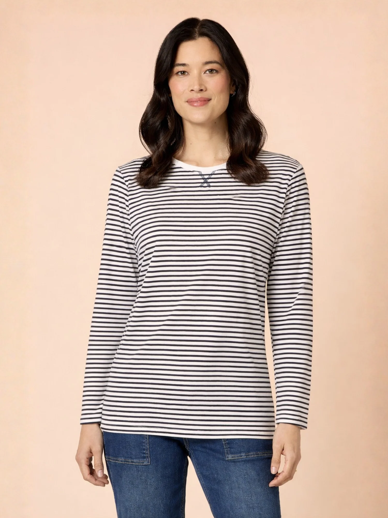 Harbour Stripe Print Long Sleeve Tee - Navy/White