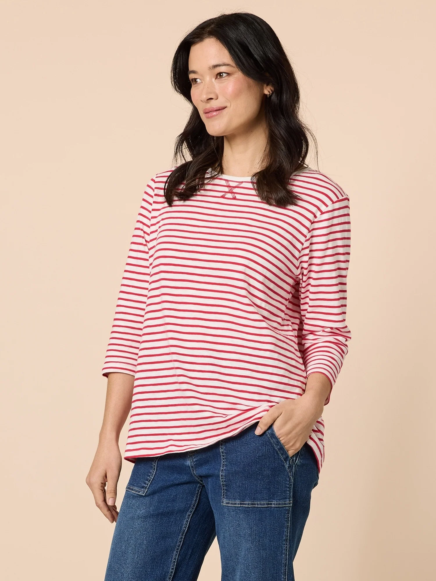Harbour Stripe Print Long Sleeve Tee - Red/White - Image 3