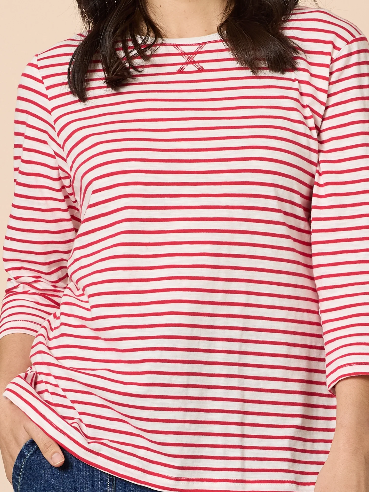 Harbour Stripe Print Long Sleeve Tee - Red/White - Image 5