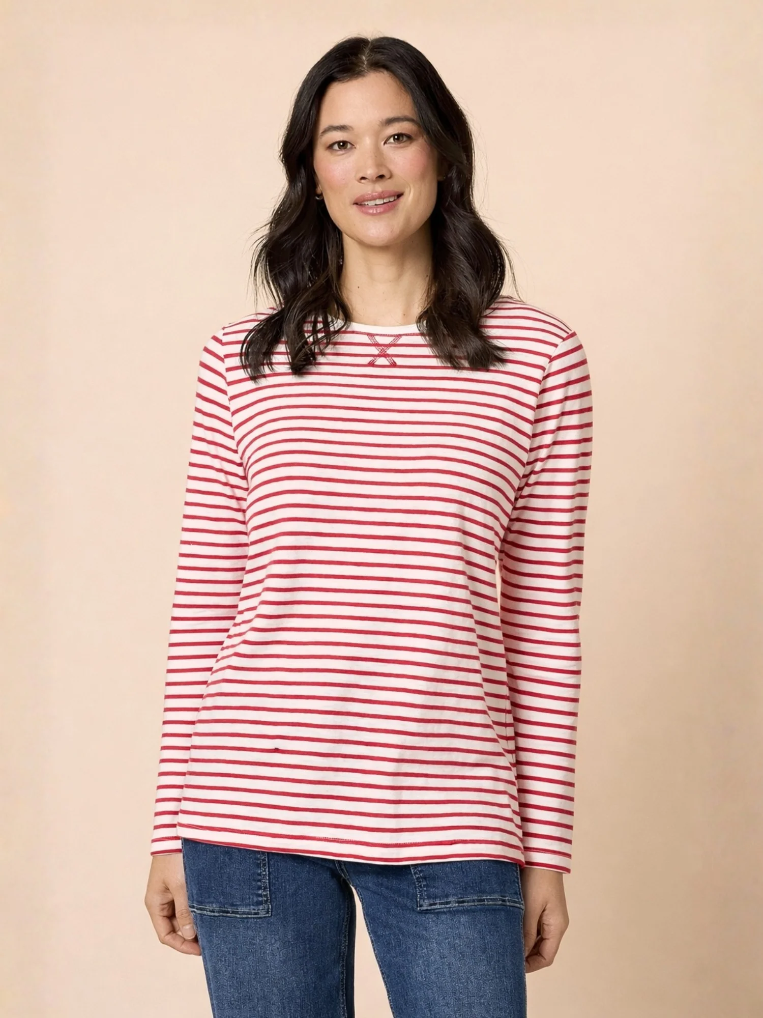 Harbour Stripe Print Long Sleeve Tee - Red/White - Image 6