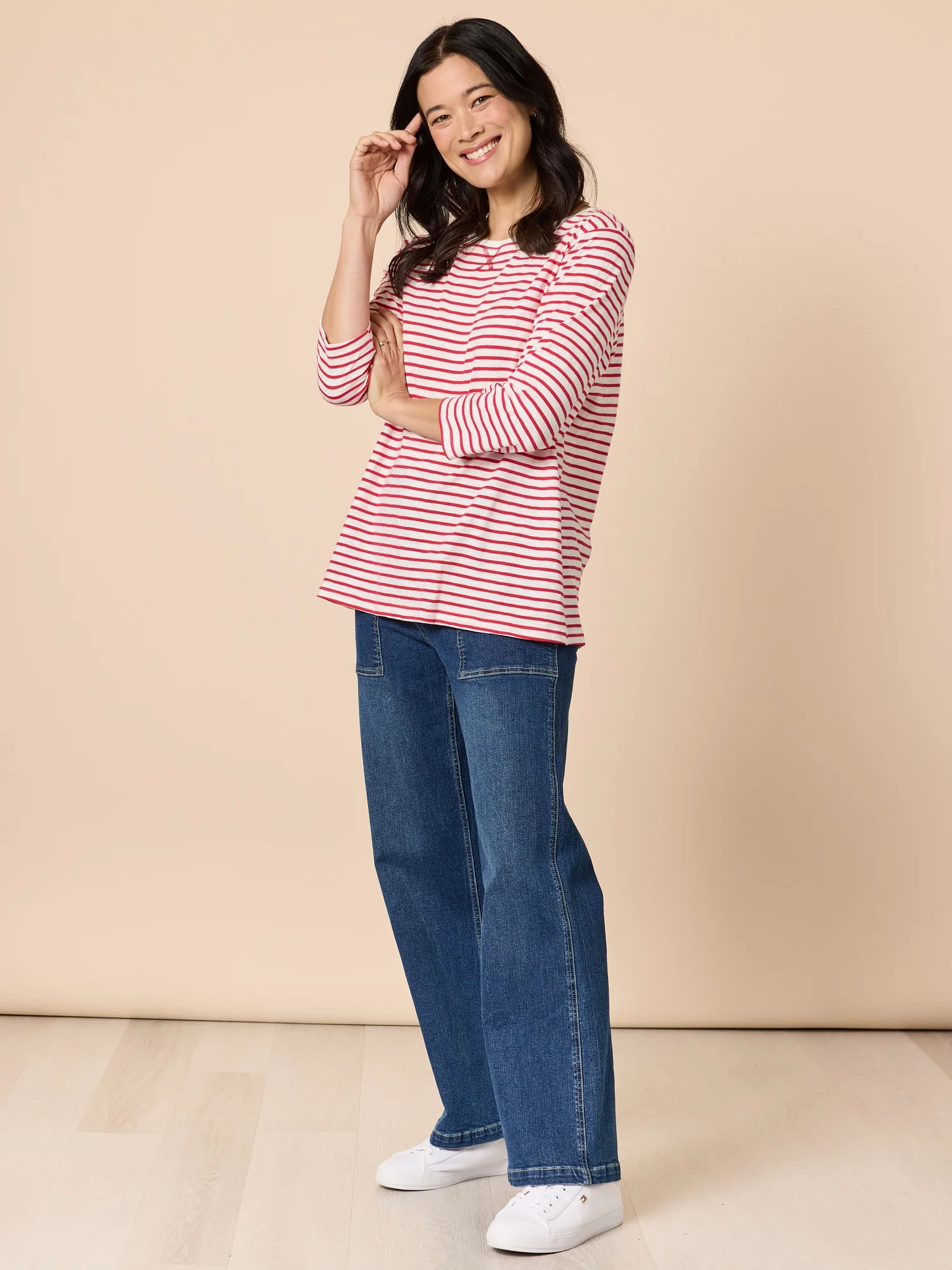 Harbour Stripe Print Long Sleeve Tee - Red/White - Image 8