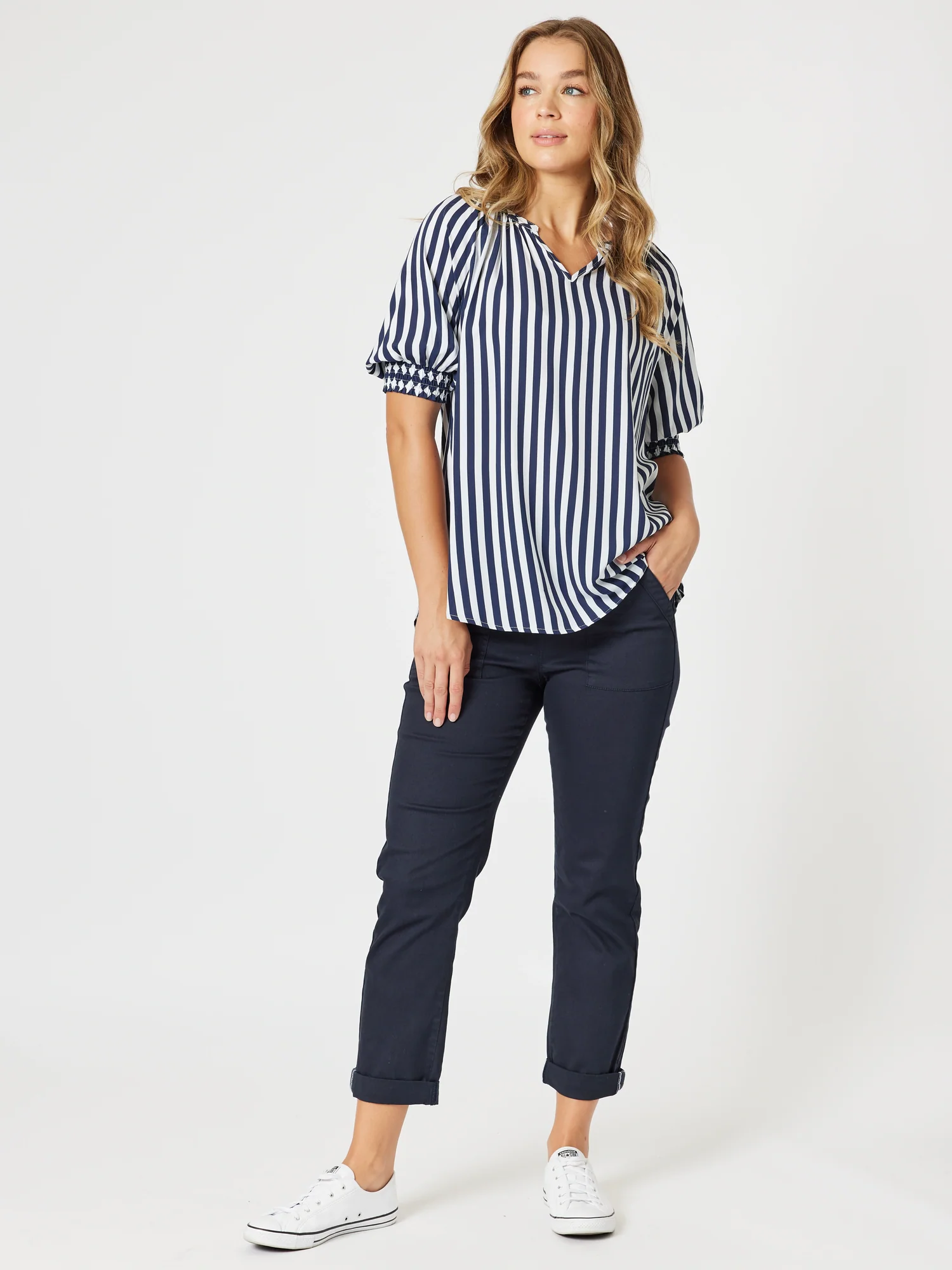Harlequin Stripe Print Top - Navy/White - Image 6