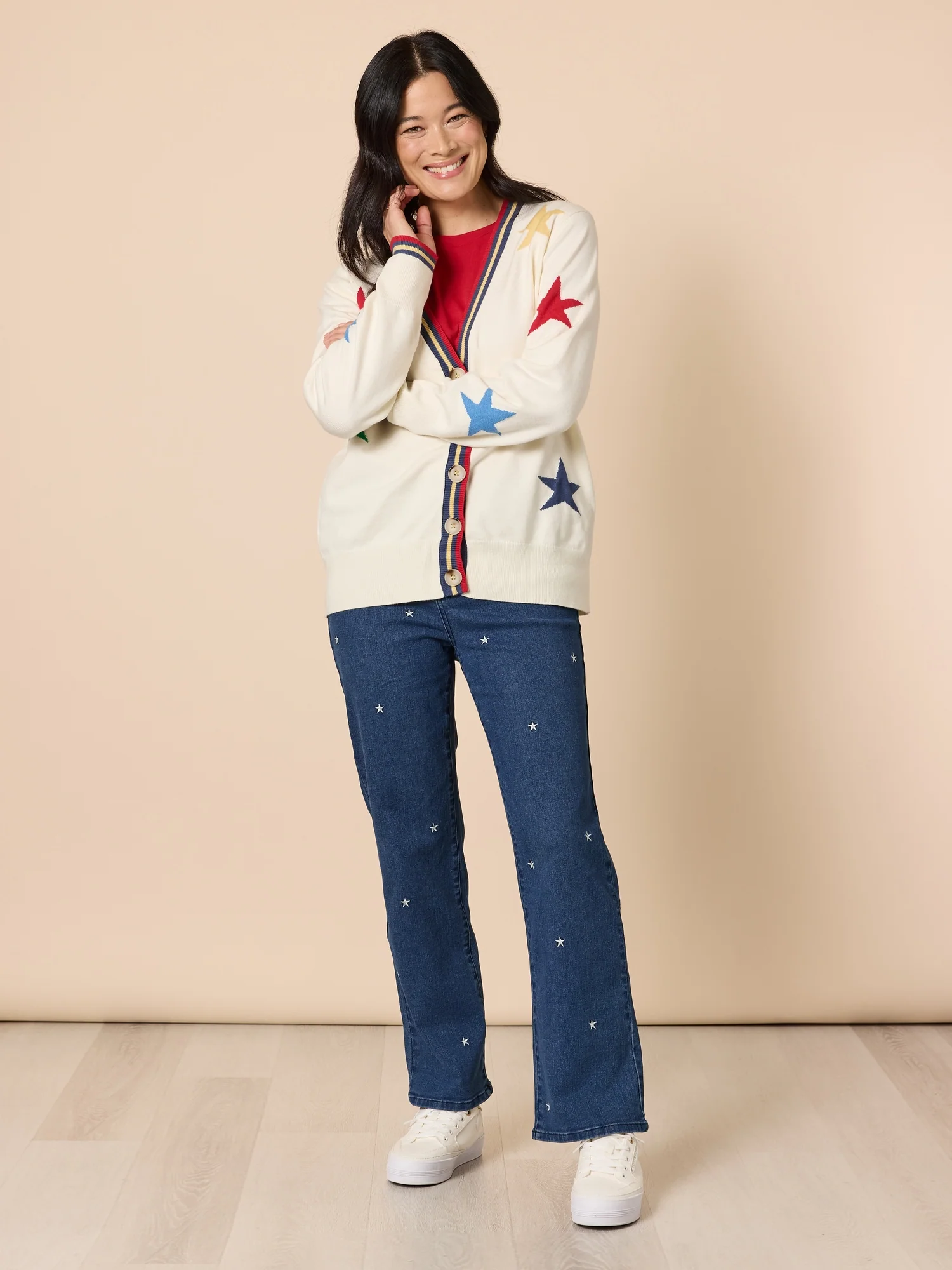 Hollywood Star Print Knit Cardigan - Ivory - Image 2