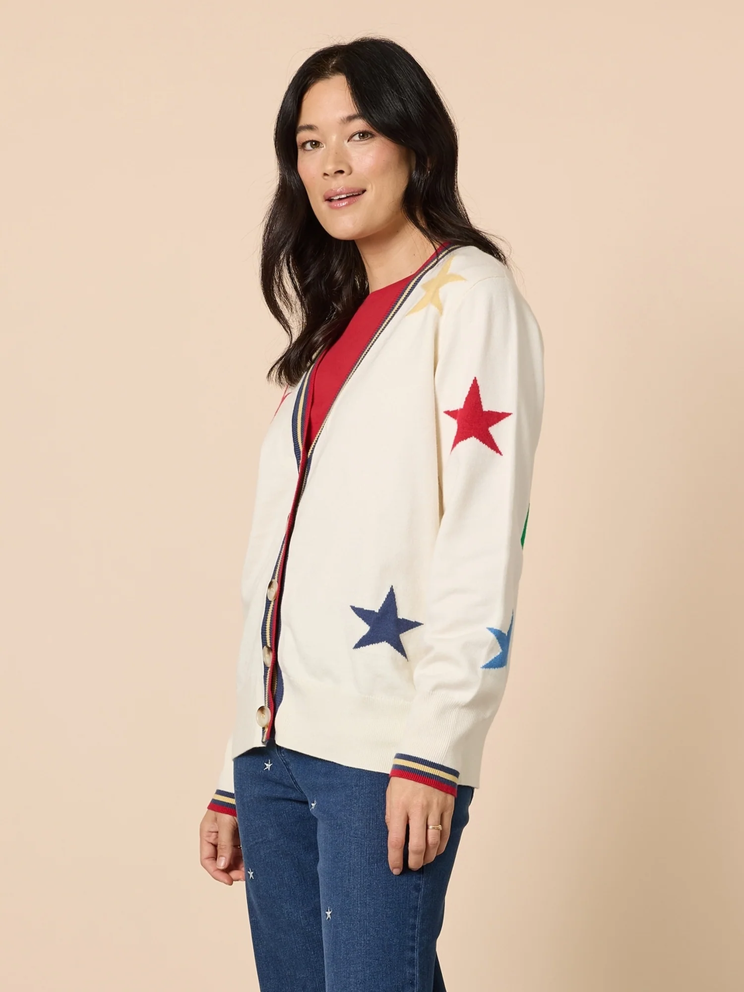 Hollywood Star Print Knit Cardigan - Ivory - Image 3