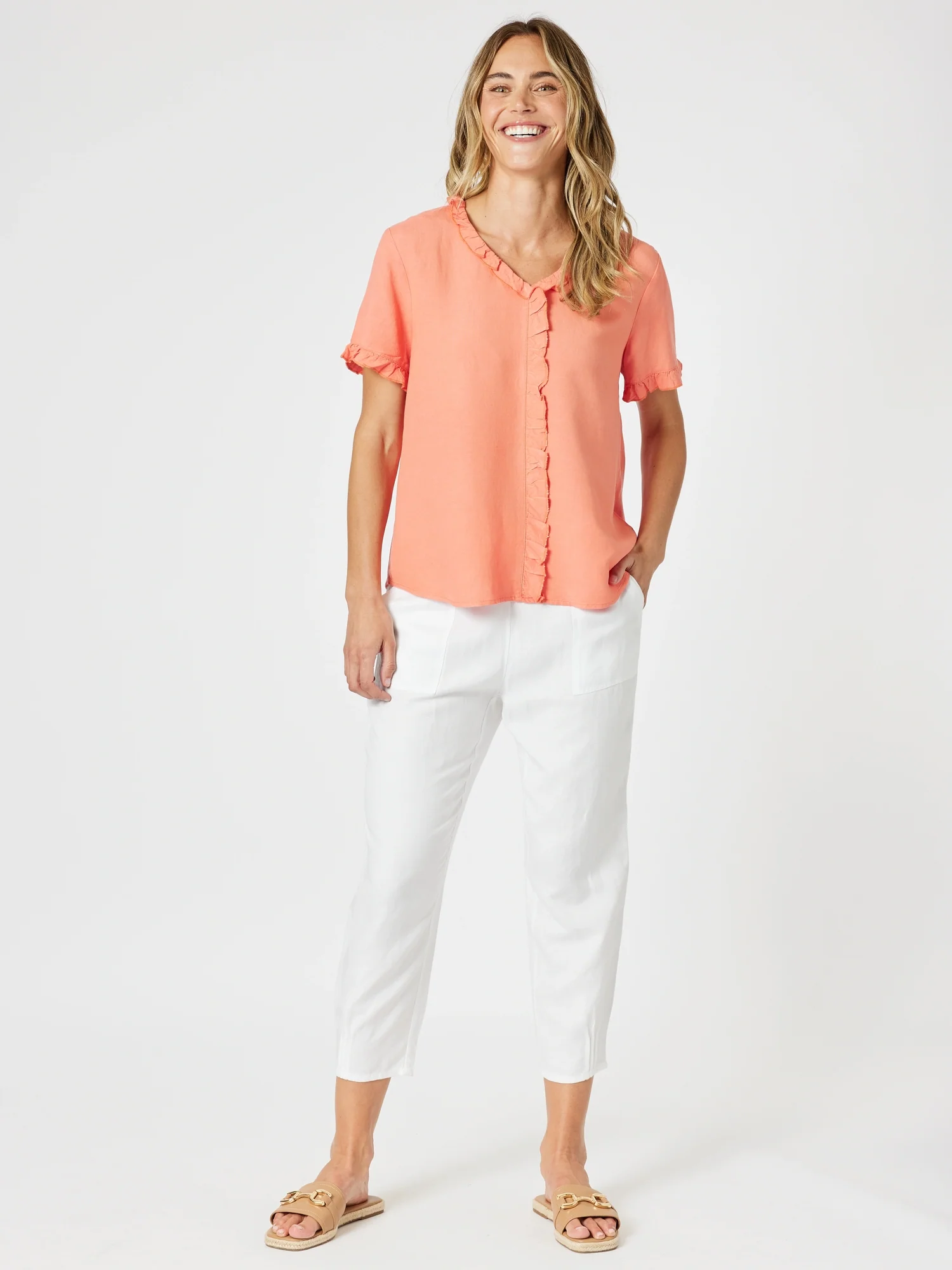 Sarah Linen Pleat Hem Pant - White - Image 12