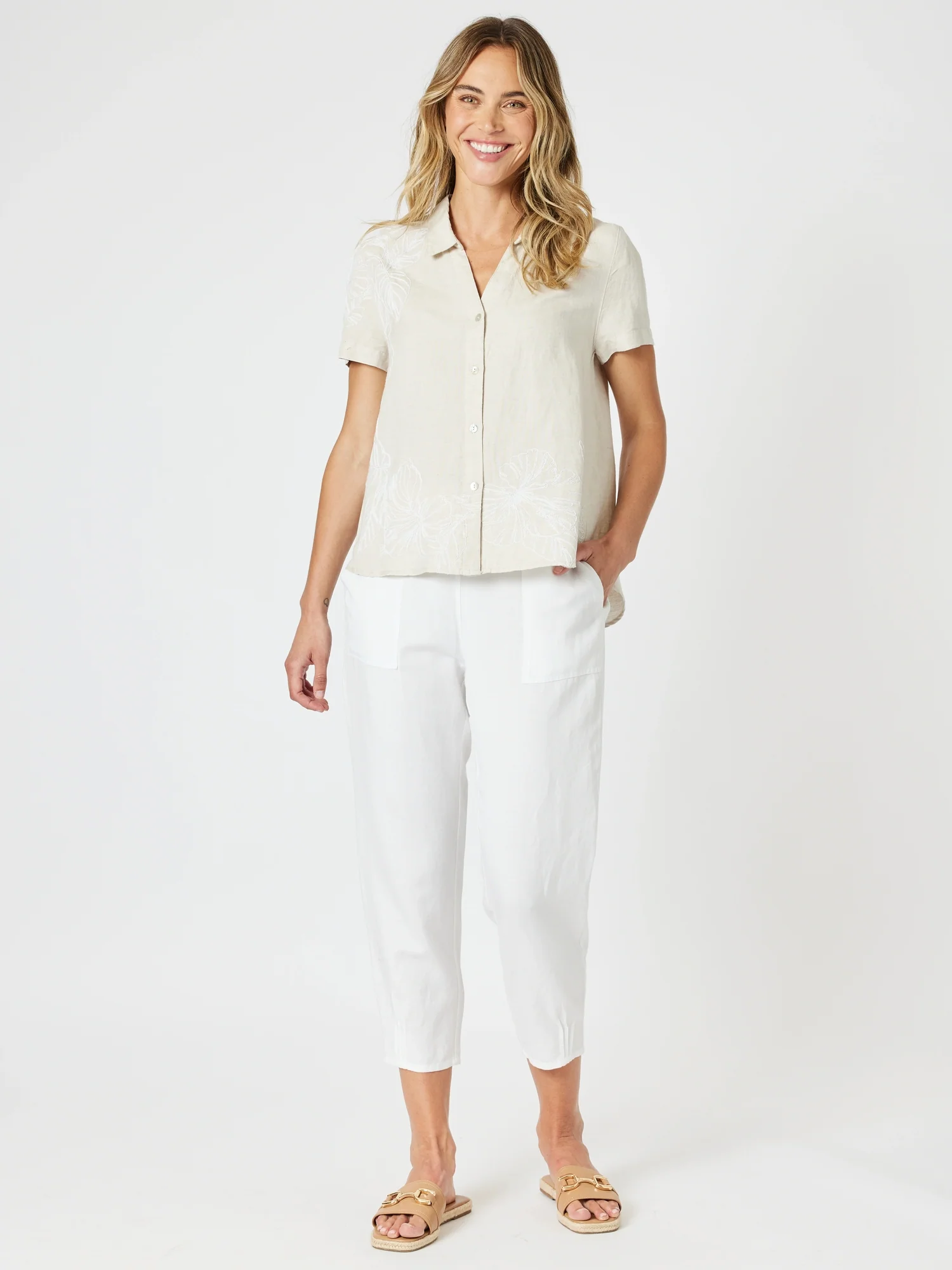Sarah Linen Pleat Hem Pant - White - Image 17