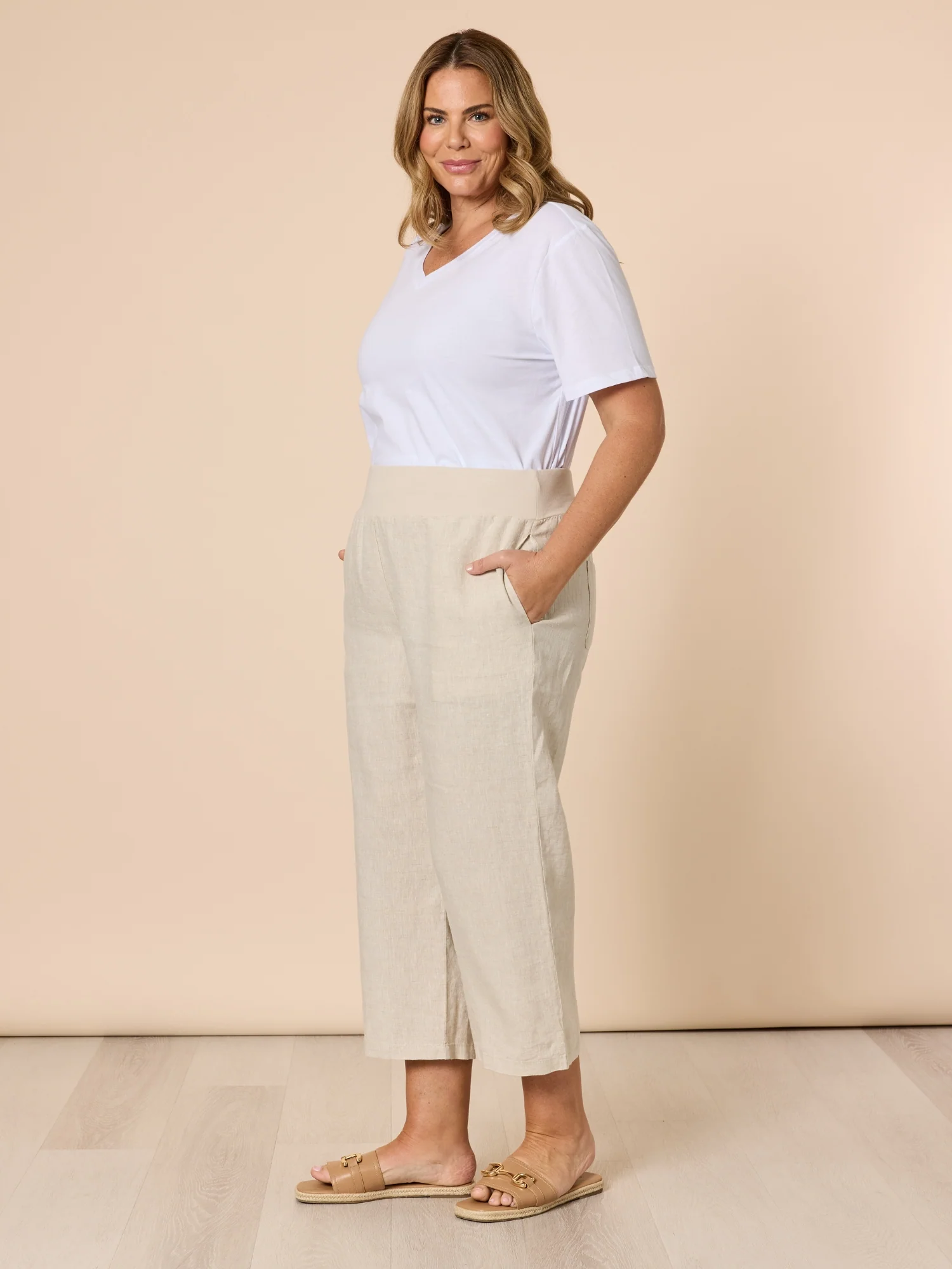 Lara Linen Wide Leg Pant - Natural - Image 3