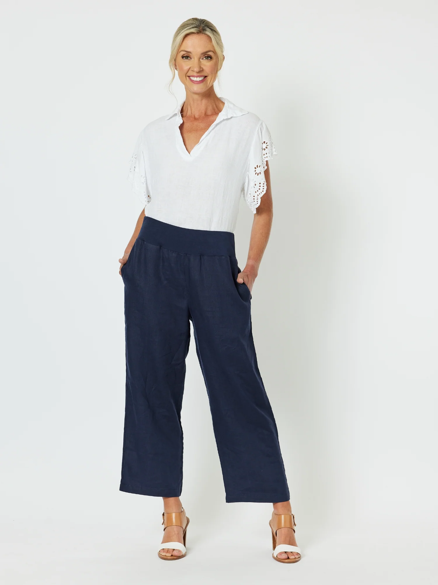 Lara Linen Wide Leg Pant - Navy - Image 3