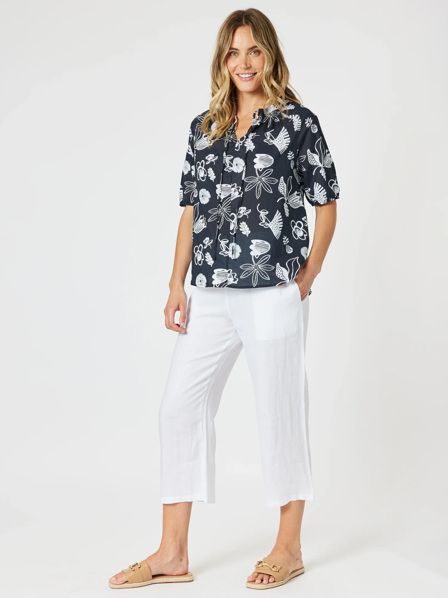 Lara Linen Wide Leg Pant - White - Image 11