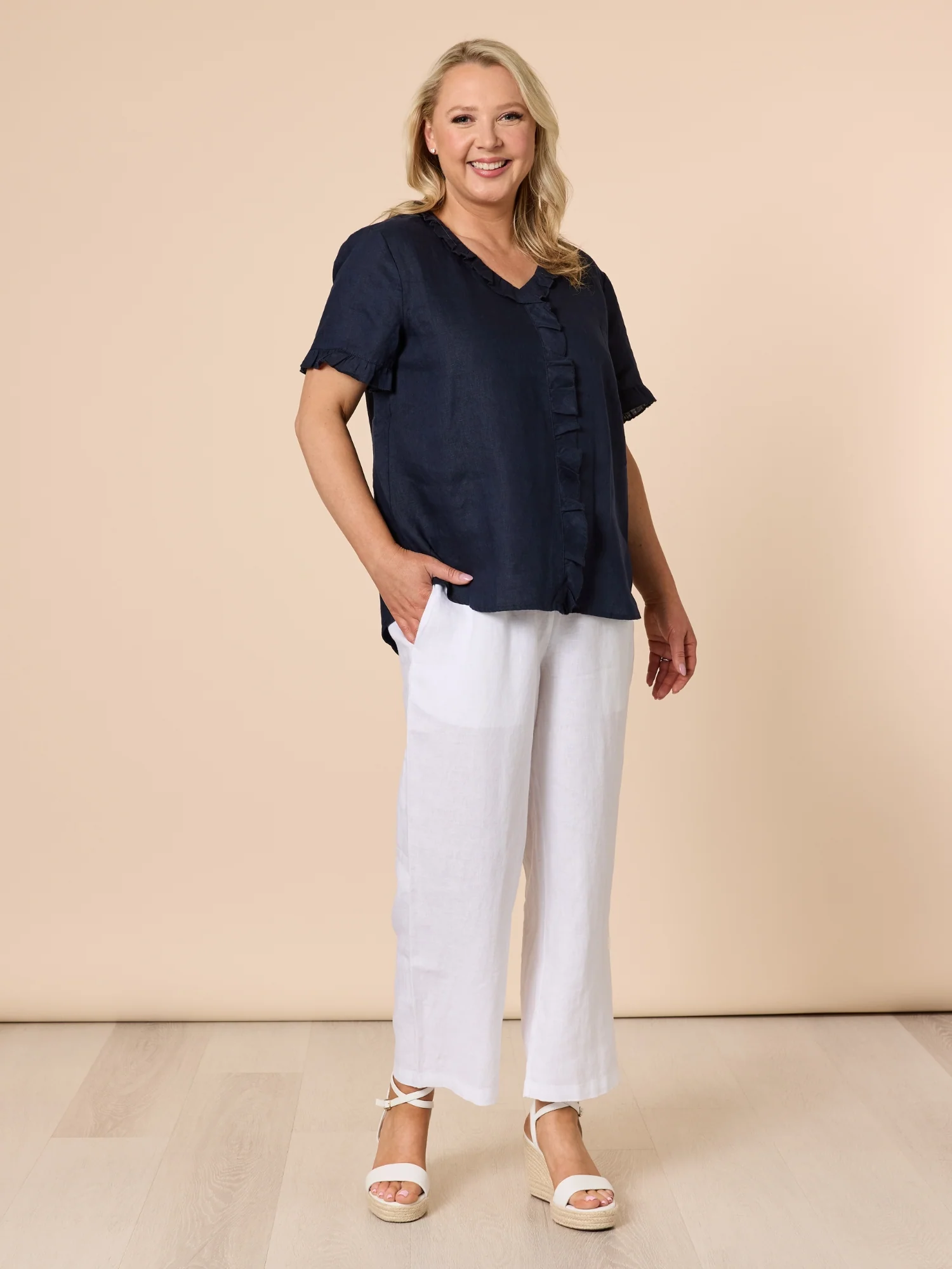 Lara Linen Wide Leg Pant - White - Image 4