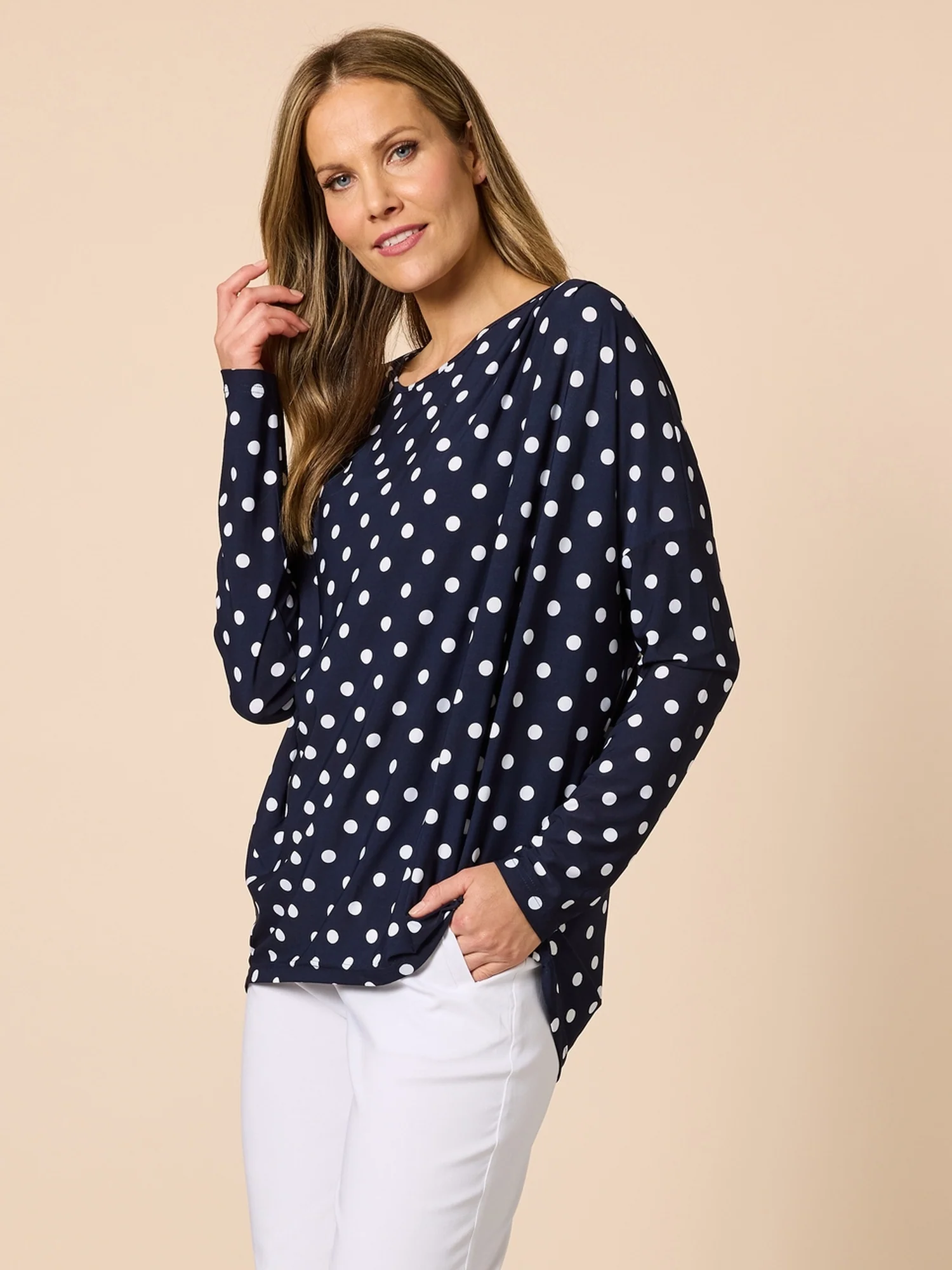 Le Spot Print Pleat Top - Navy/White