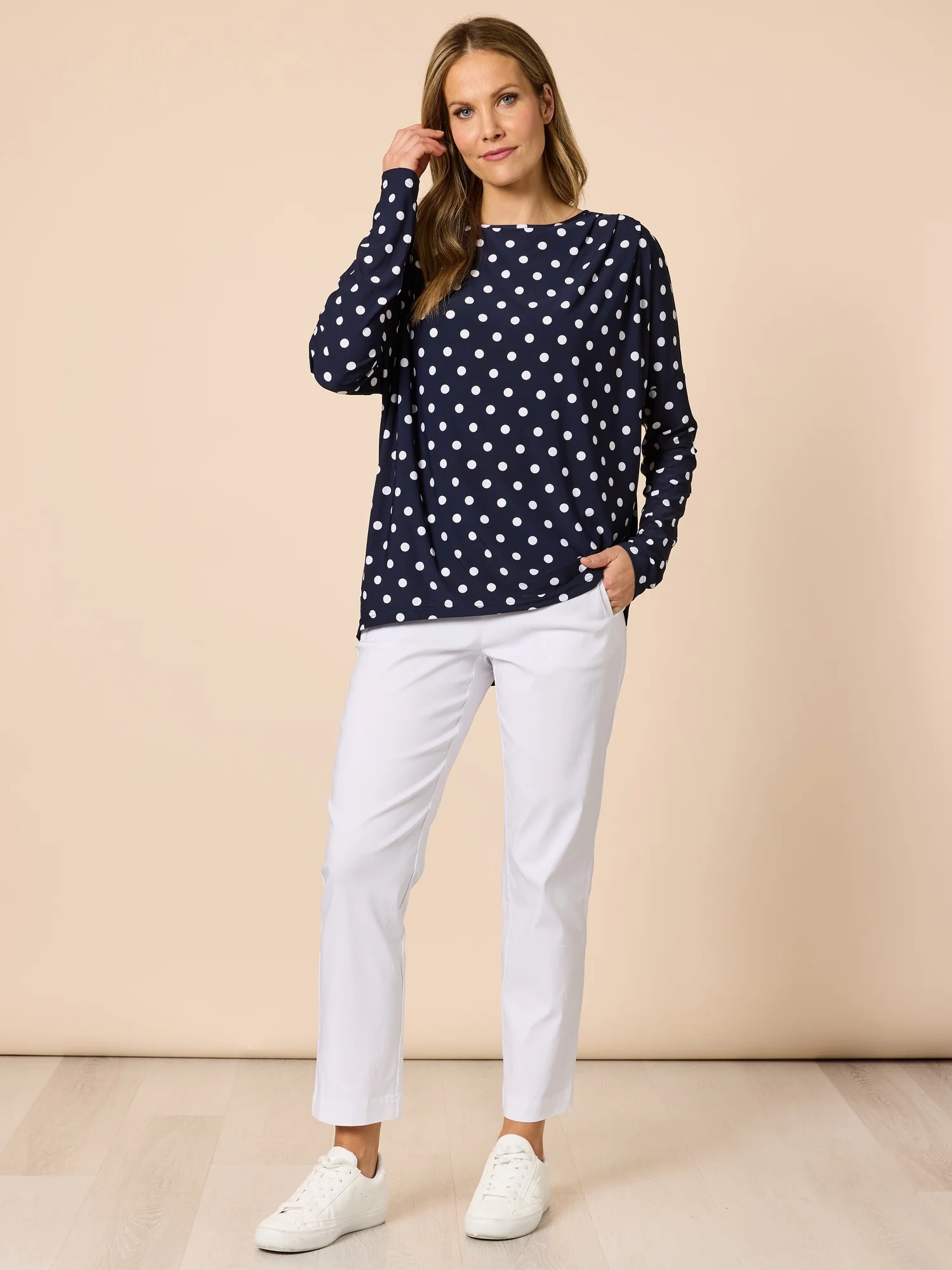 Le Spot Print Pleat Top - Navy/White - Image 2