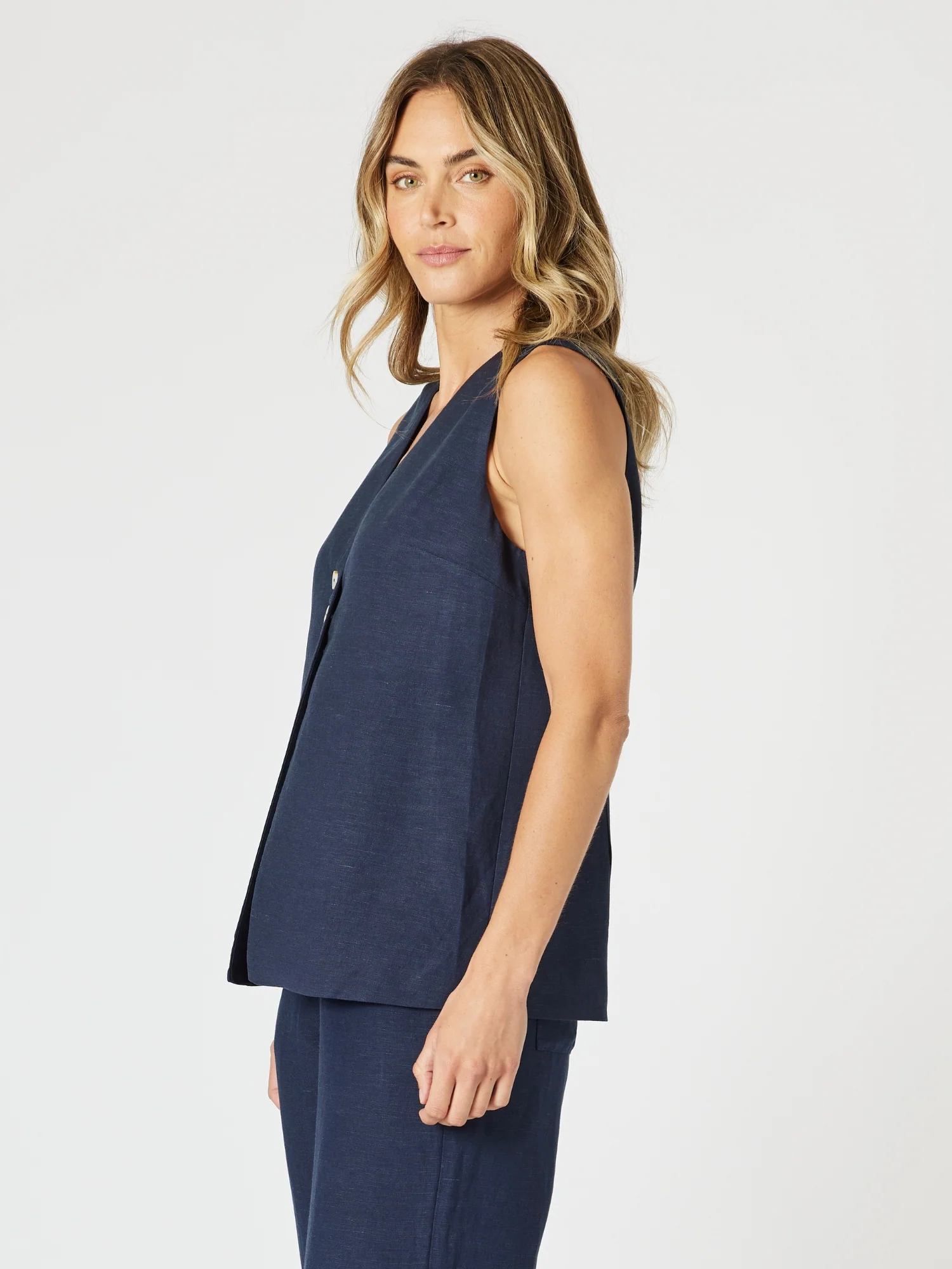 Lino Long Vest - Navy - Image 5