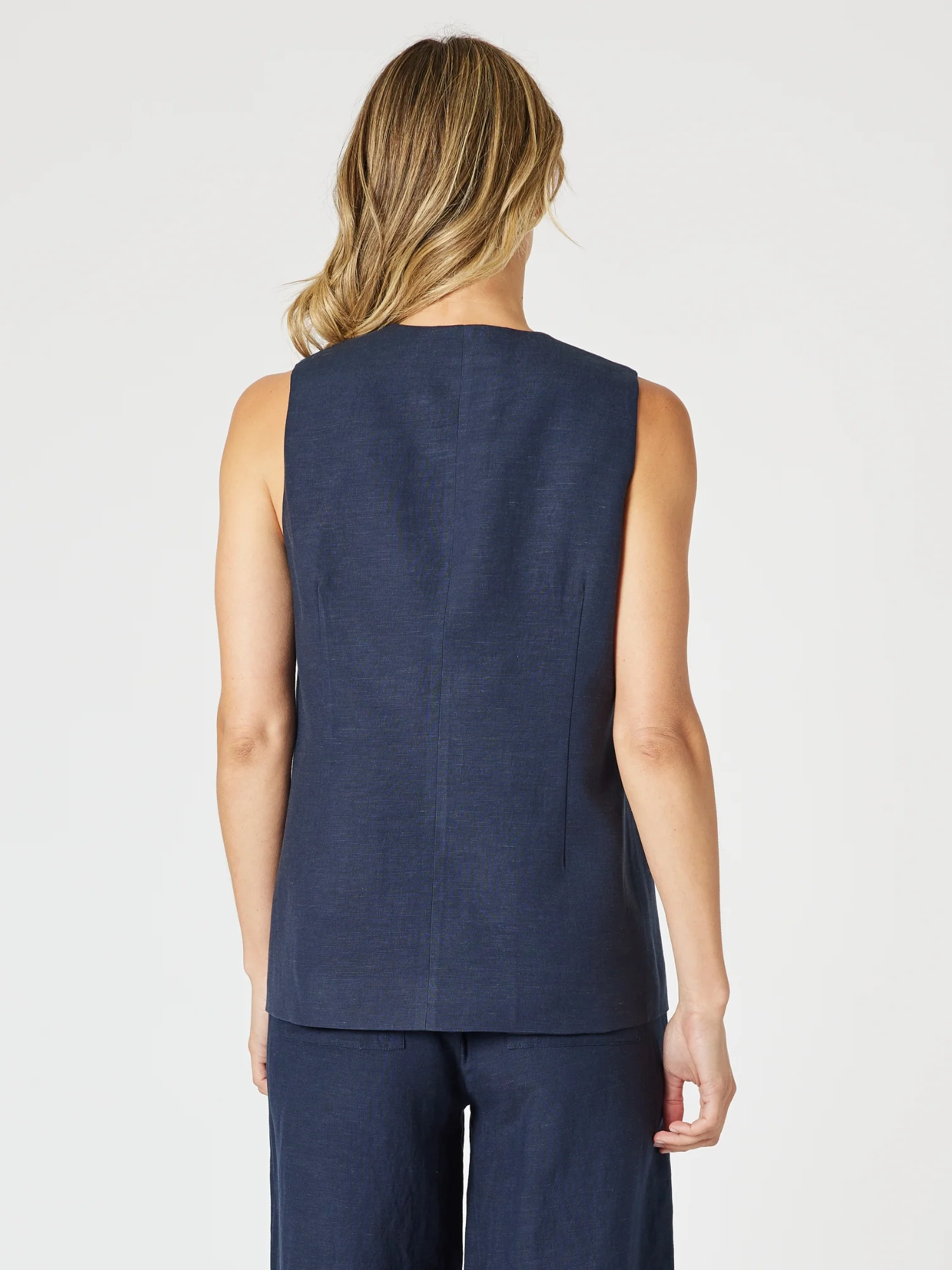 Lino Long Vest - Navy - Image 6