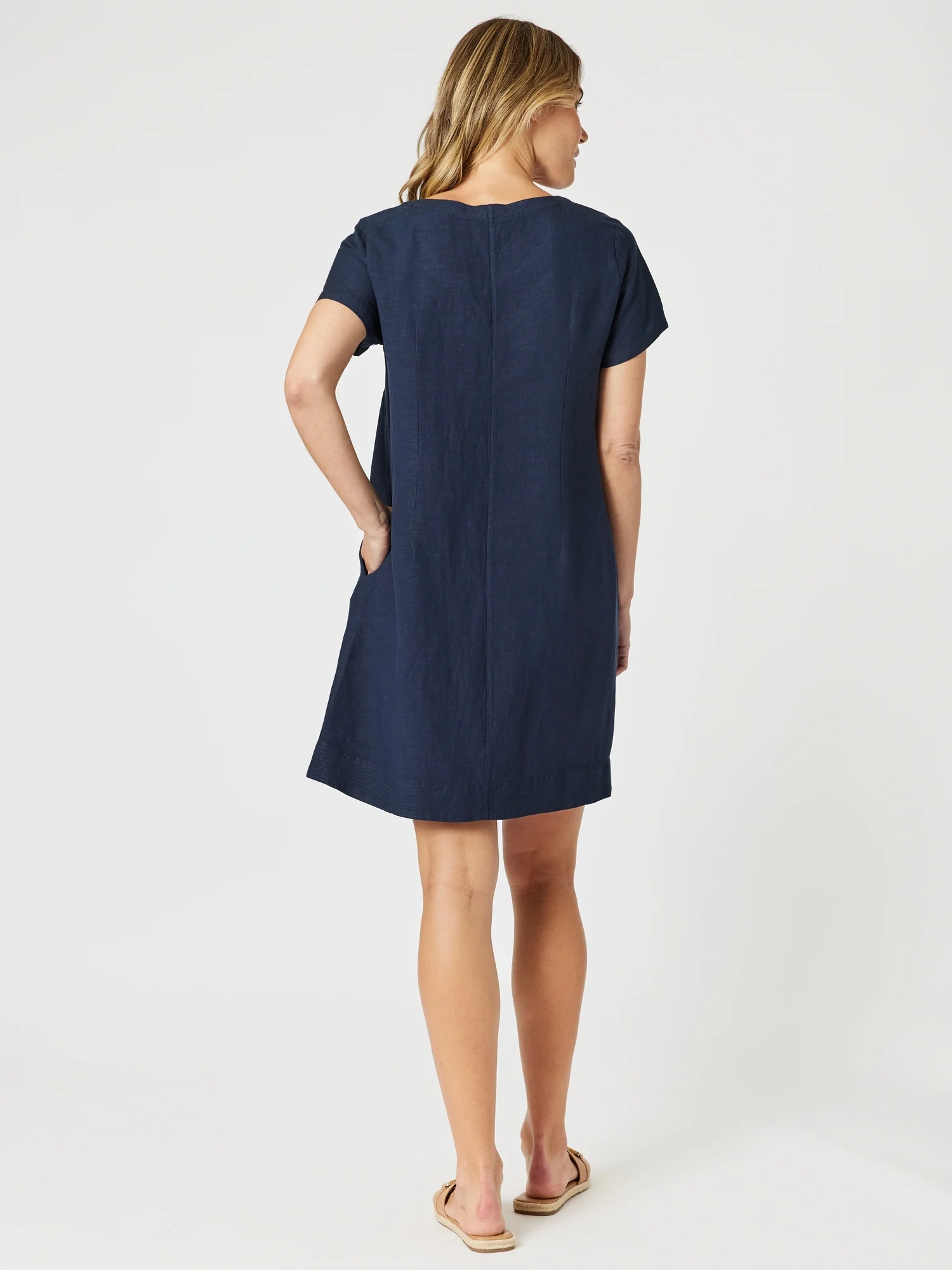 Lino Stitch Hem Detail Shift Dress - Navy - Image 5