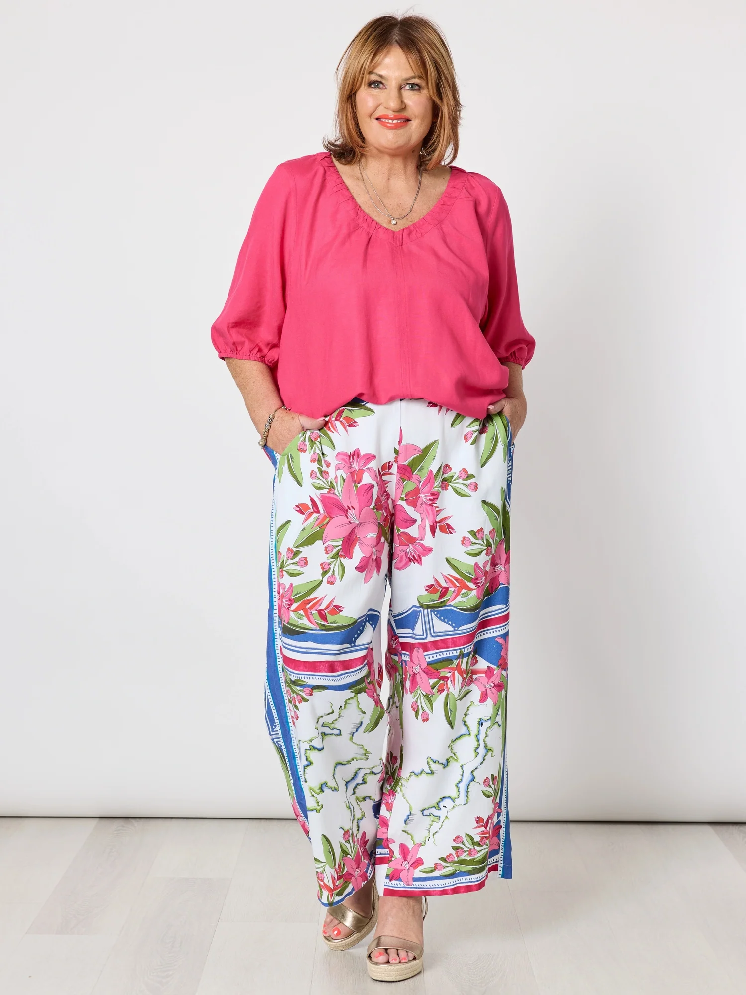 Lino V Neck Top - Peony - Image 2