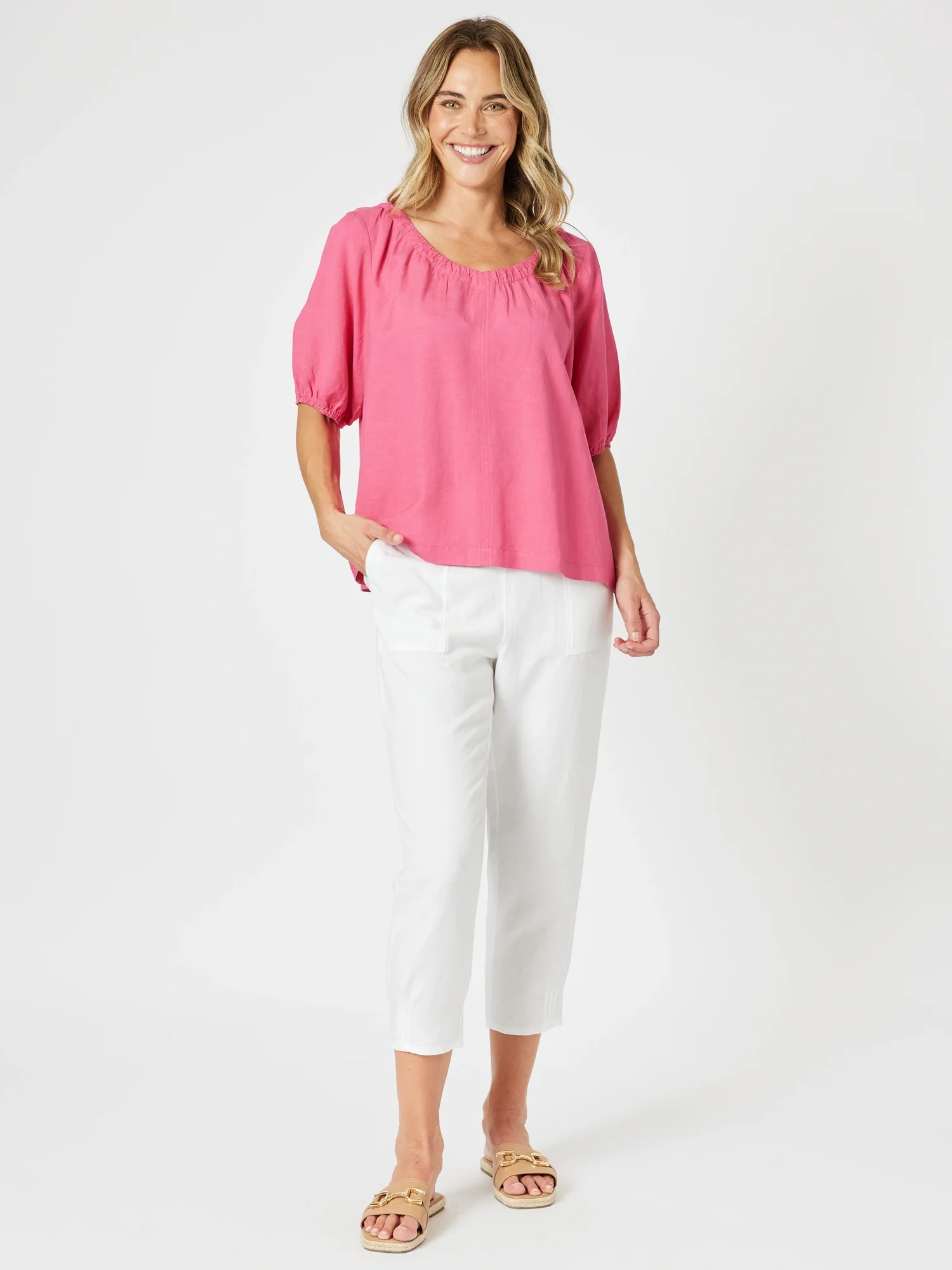 Lino V Neck Top - Peony - Image 3