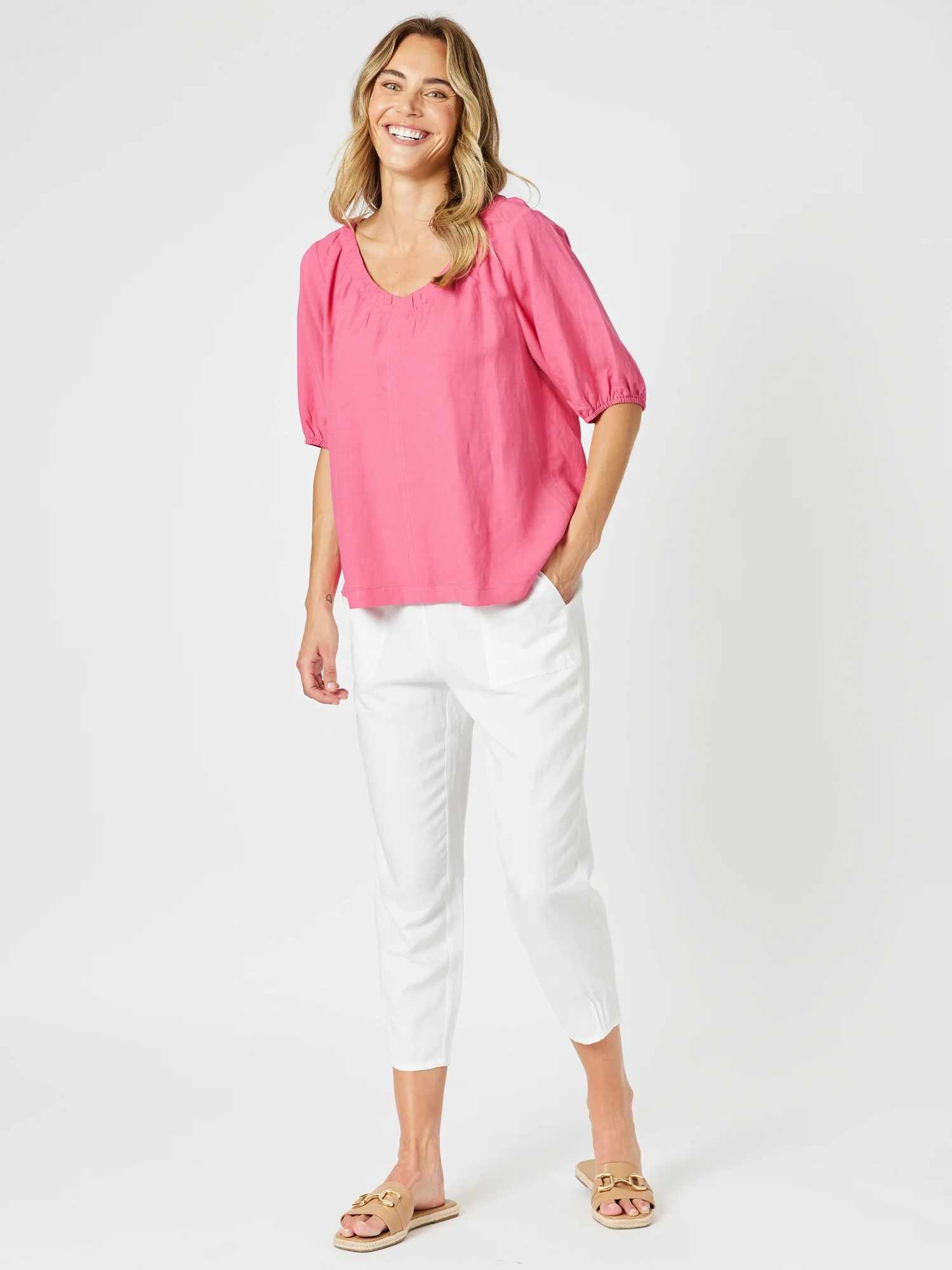 Lino V Neck Top - Peony - Image 4