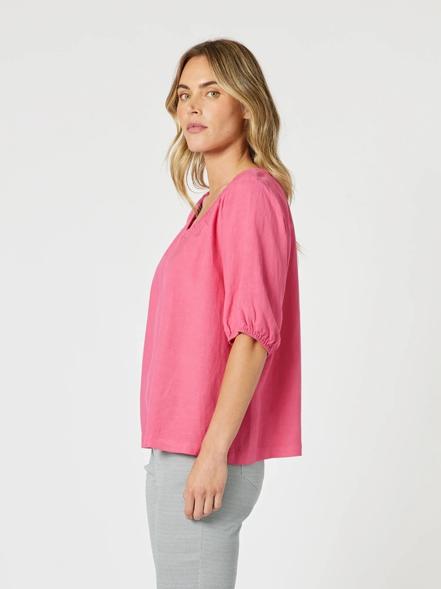Lino V Neck Top - Peony - Image 5