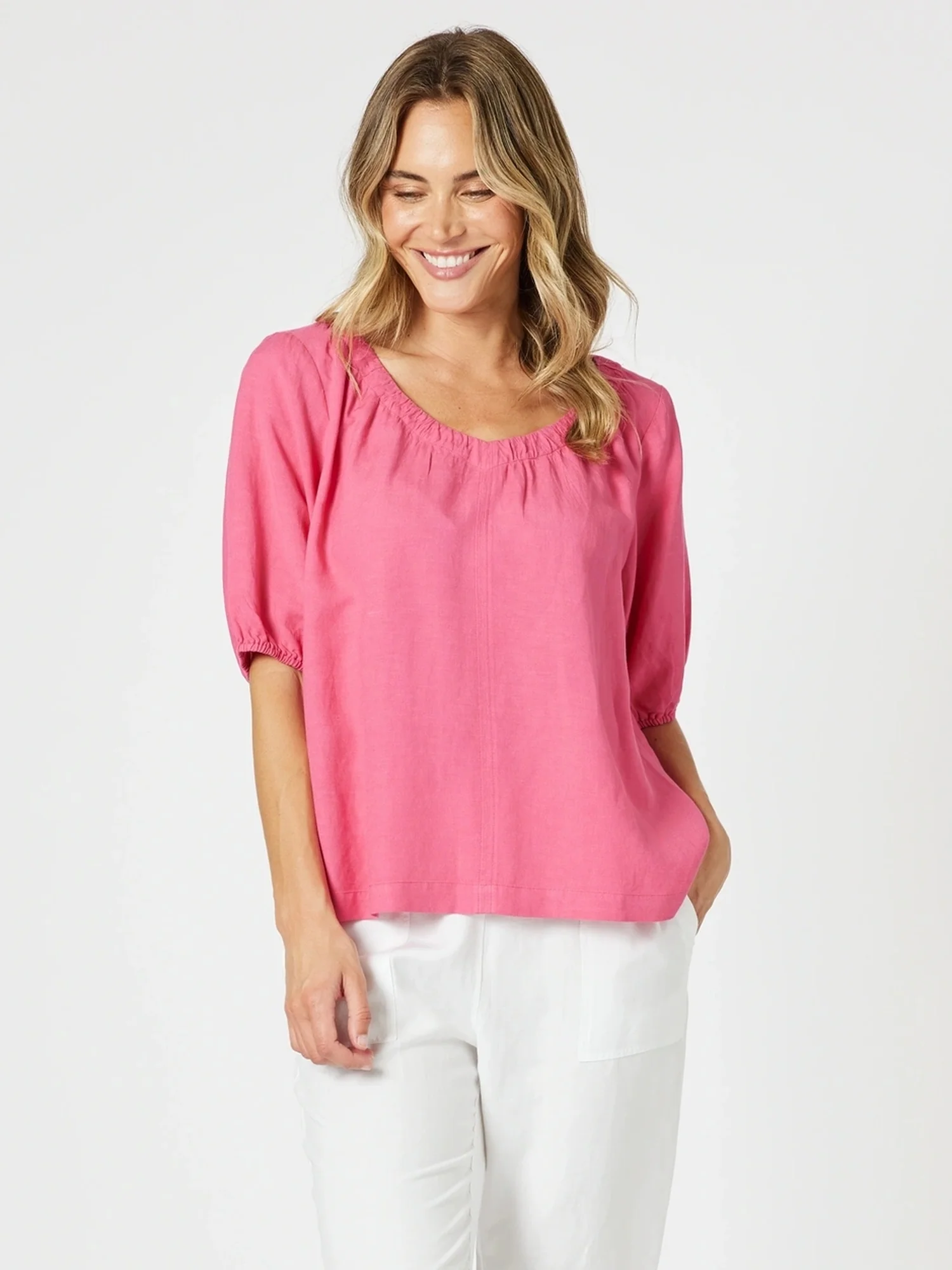 Lino V Neck Top - Peony - Image 6