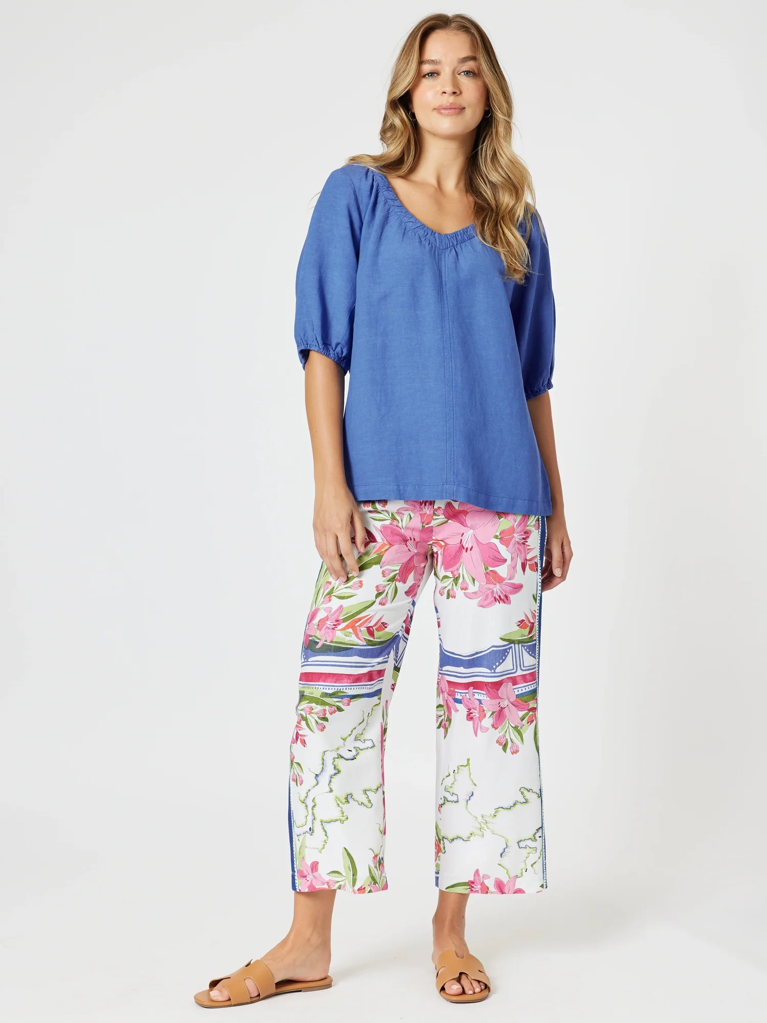 Lino V Neck Top - Sardinia Blue - Image 4