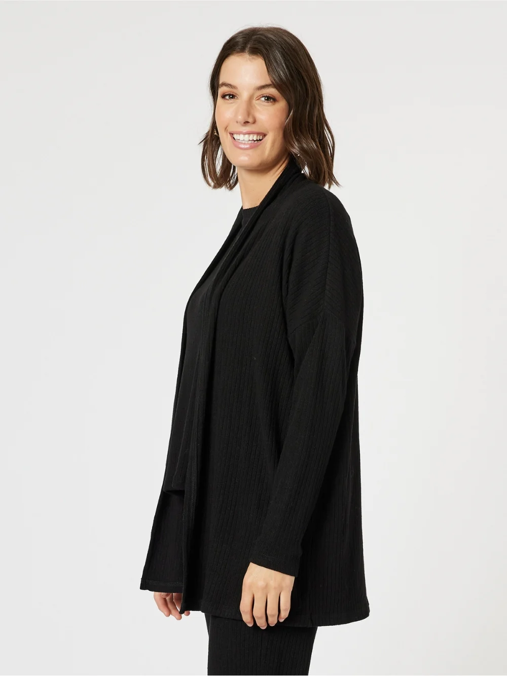 Ribbed Lounge Cardigan - Black - Image 3