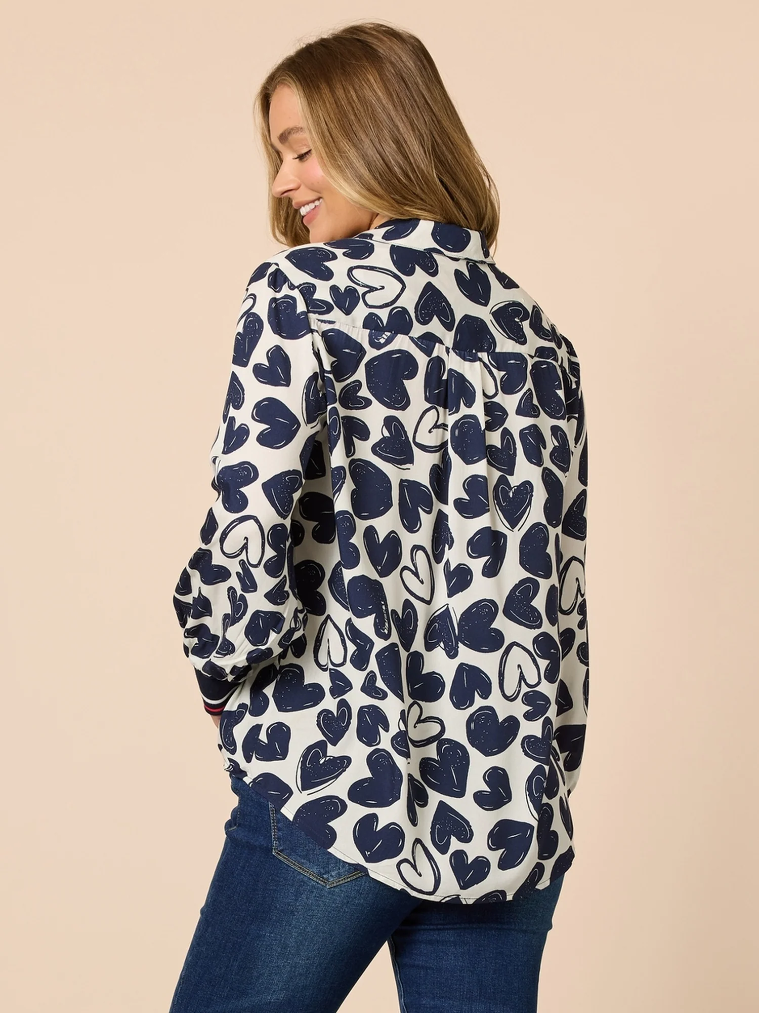 Luna Heart Print Shirt - Navy/Ivory - Image 4