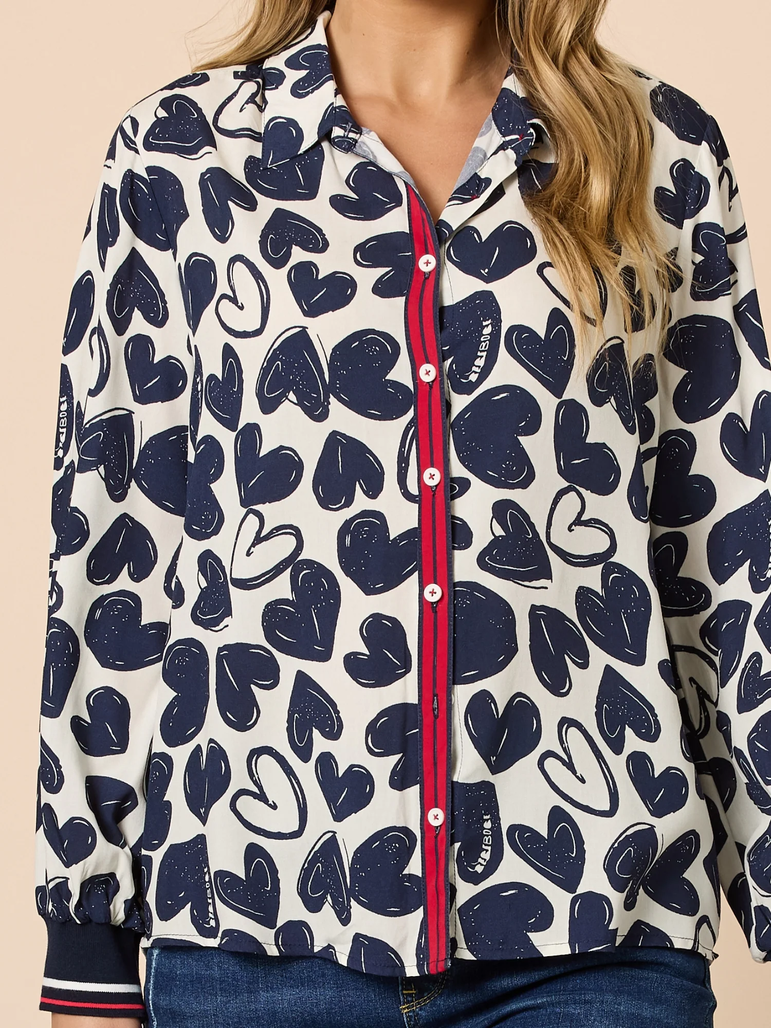 Luna Heart Print Shirt - Navy/Ivory - Image 6