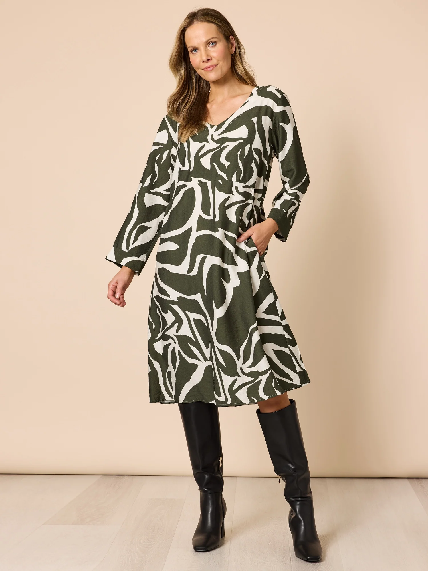 Lyon Print Dress - Khaki Ivory - Image 6