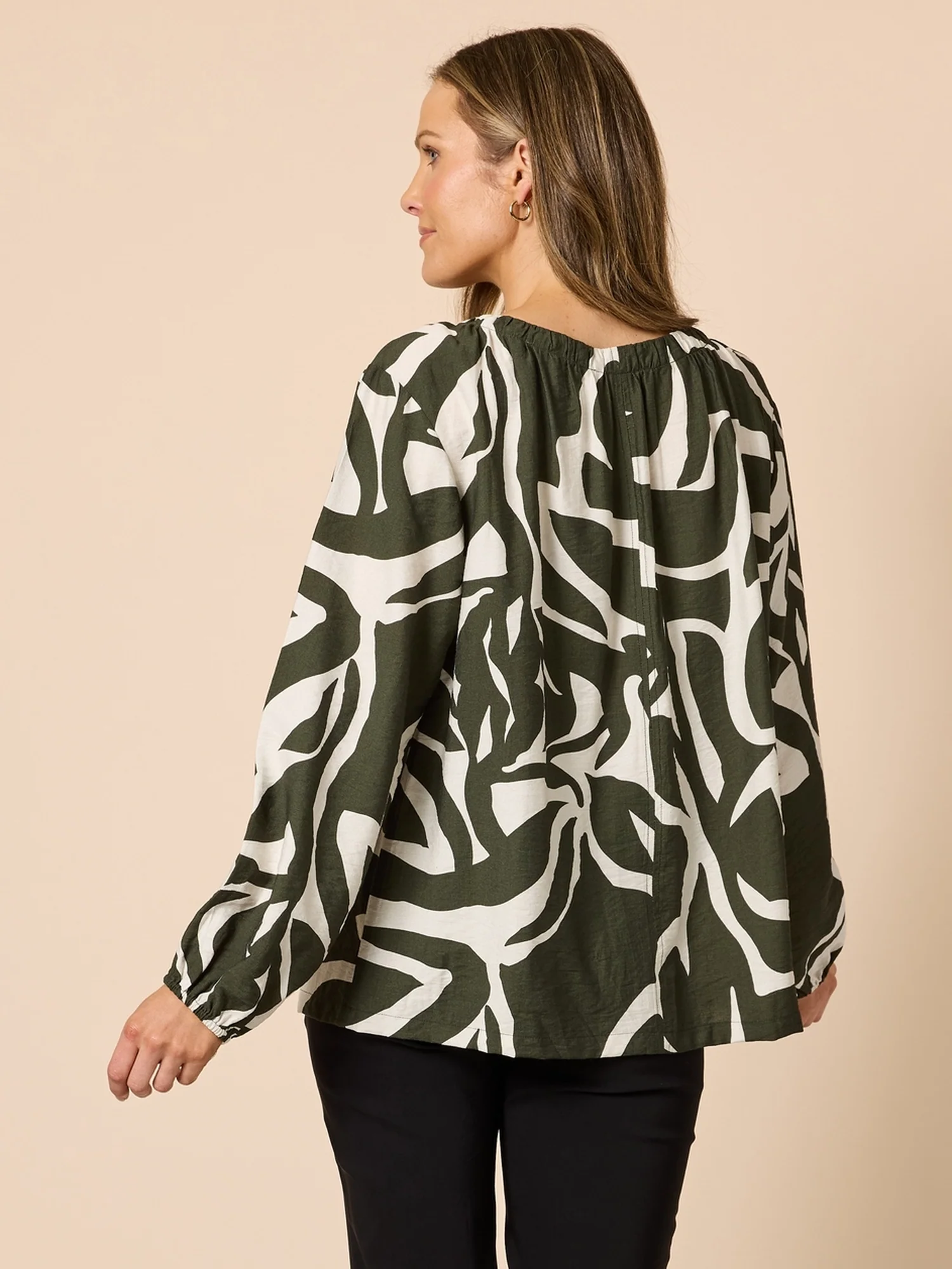 Lyon Print Top - Khaki Ivory - Image 4