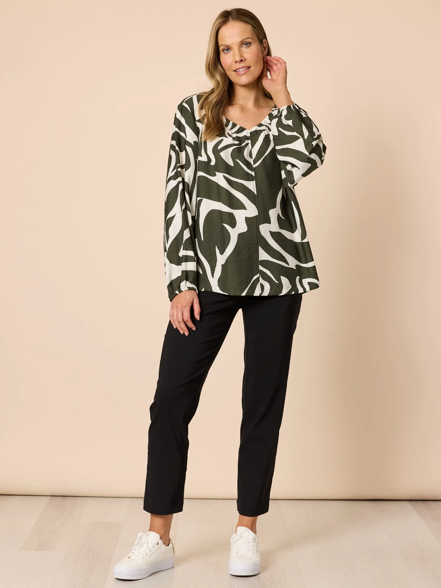 Lyon Print Top - Khaki Ivory - Image 7
