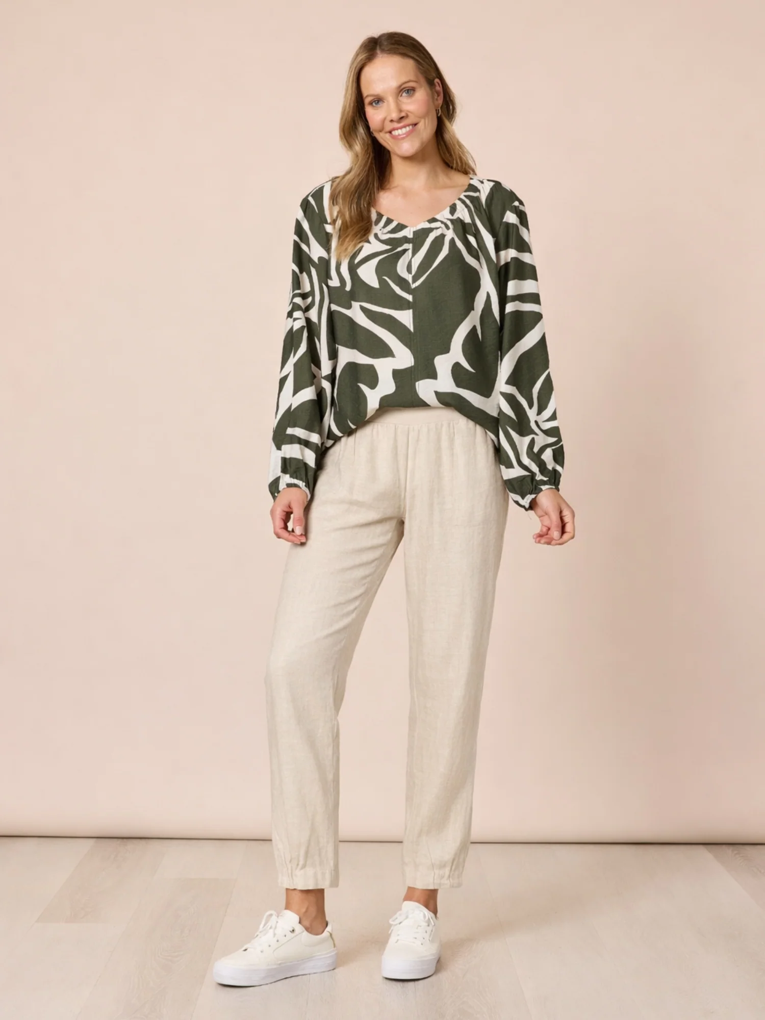 Lyon Print Top - Khaki Ivory - Image 9